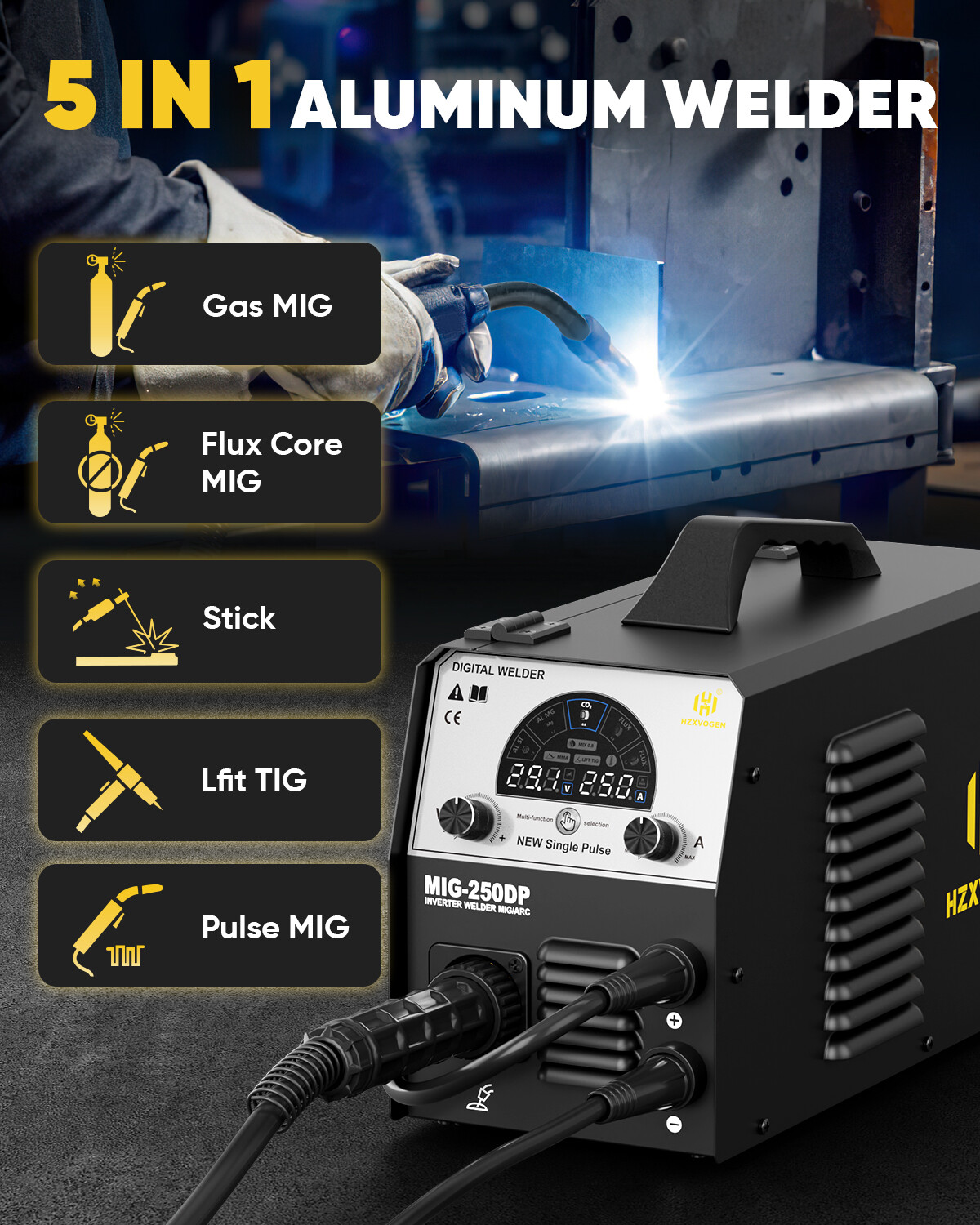 250Amp 5in1 Alu MIG Welding Machine Gasless Gas Pulse MIG Lift TIG Stick Welder