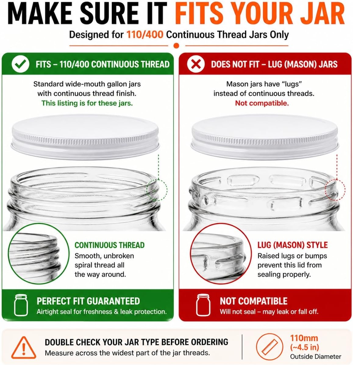 3-Pack White Metal Lids for 1 Gallon & 1/2 Gallon Wide Mouth Glass Jars – 110mm