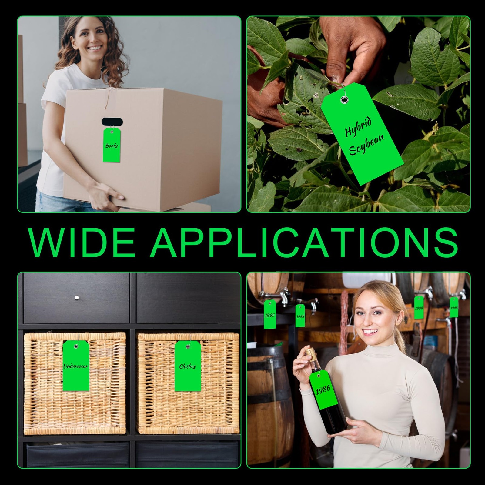 100 Pieces Plastic Shipping Tags with Reinforced Wire Blank 2.36 x 4.7, Green