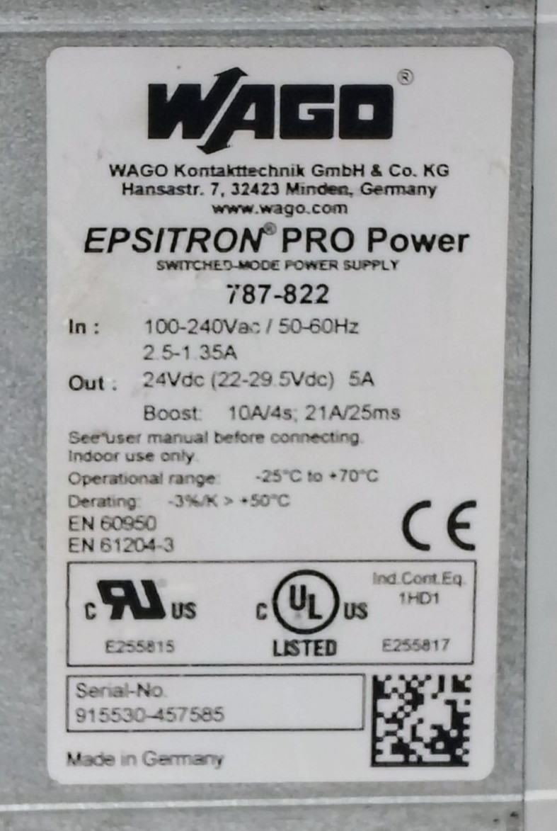 WAGO EPSITRON PRO POWER 787-822 SWITCHED MODE POWER SUPPLY 24VDC 5A 50/60Hz
