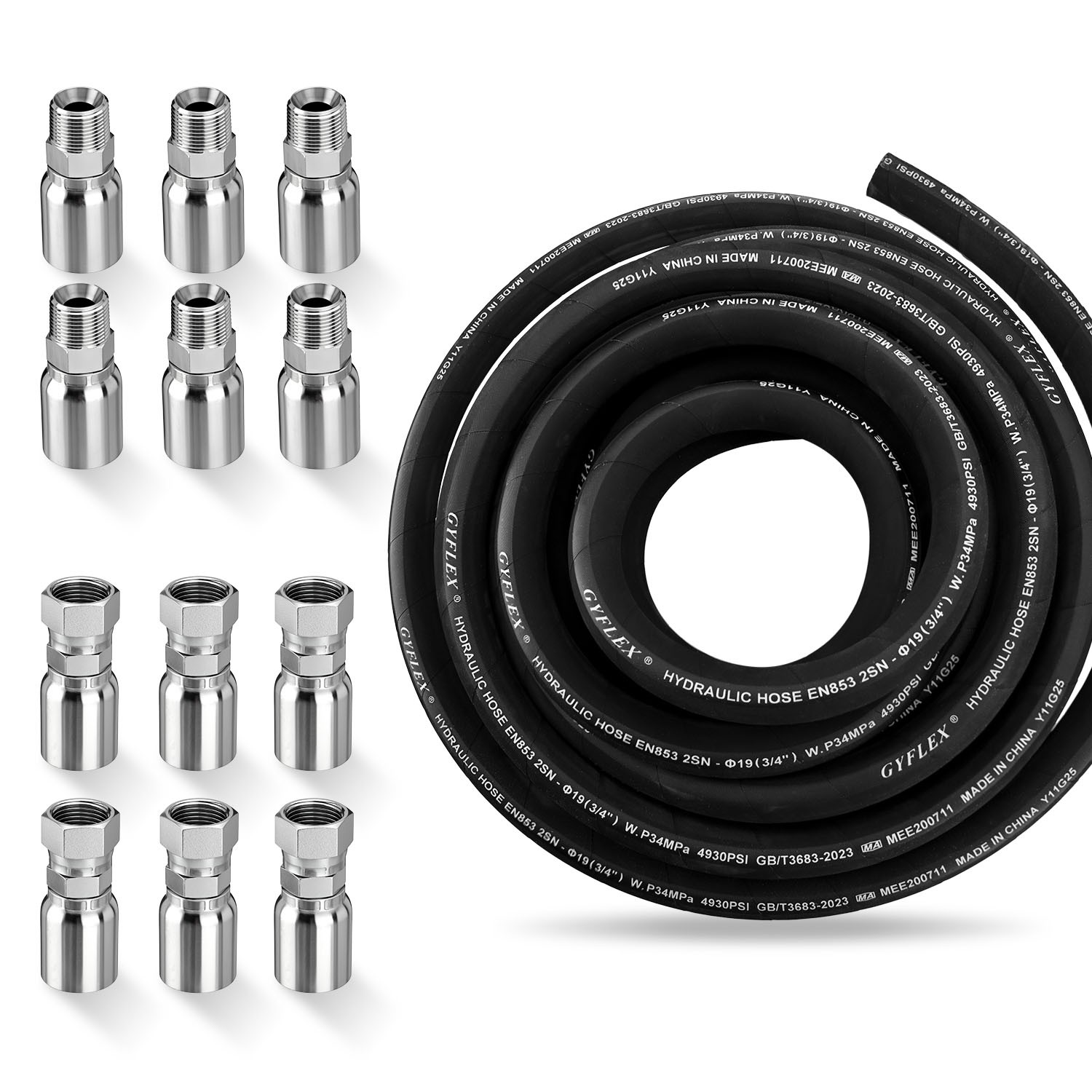 50FT 3/4″ Hydraulic Hose with 12PCS Hydraulic Hose Fittings W.P.34MPa / 4930PSI