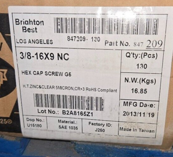 Brighton 3/8 16×9 Hex Cap Screw Bolt Zinc 847209