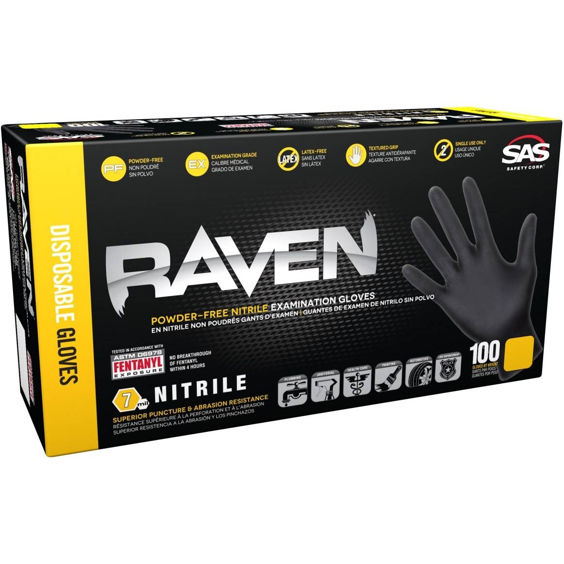 SAS 66518 Raven Exam Grade Nitrile Disposable Gloves, 7 mil, Large, 100 Pack