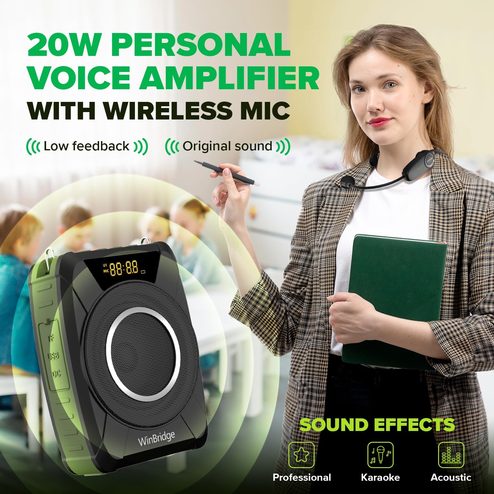 Bluetooth 5.0 Voice Amplifier with Wireless Mic Headset, Waterproof Personal