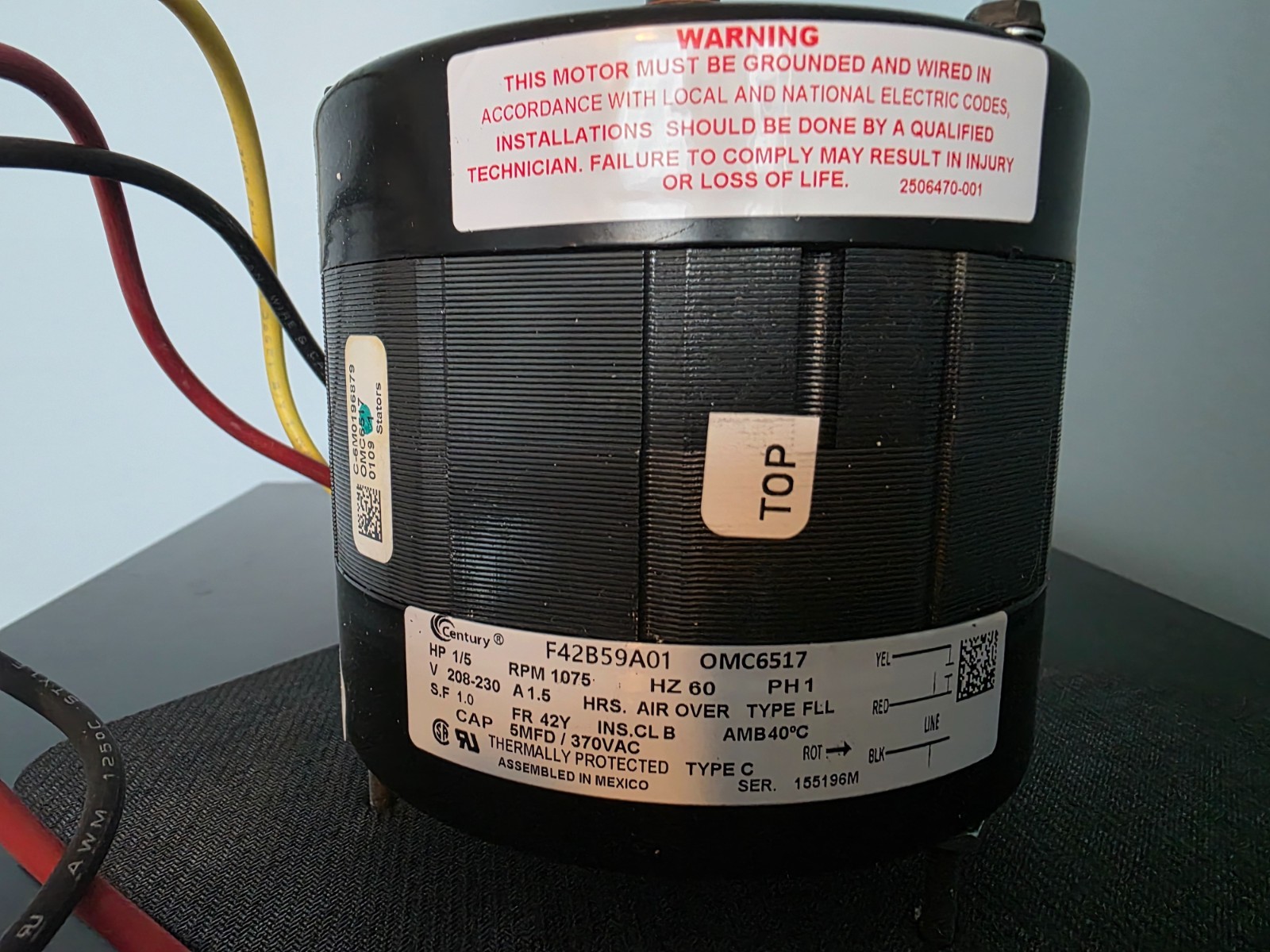 Century OMC6517 HVAC Condenser Motor 1/5 HP 1075 RPM Single Phase 208-230V NEW