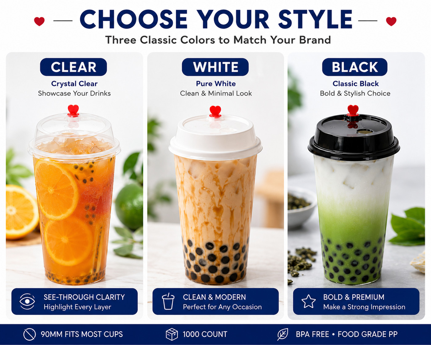 90mm Dome Sip Lids 1000 Count BPA Free PP Lids Clear White Black Bubble Tea Cups