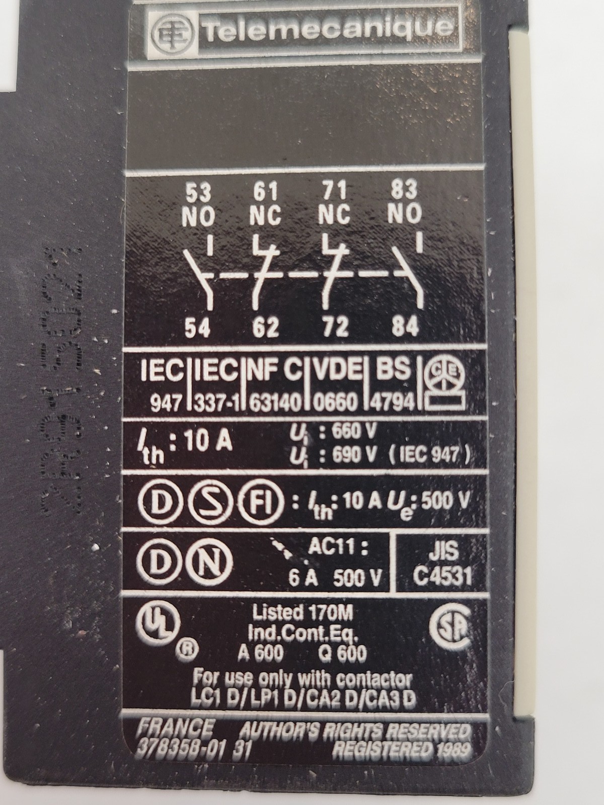 Telemecanique LA1DN22 Contact Block 35mm DIN Rail Mount 10 Amp 690V AC