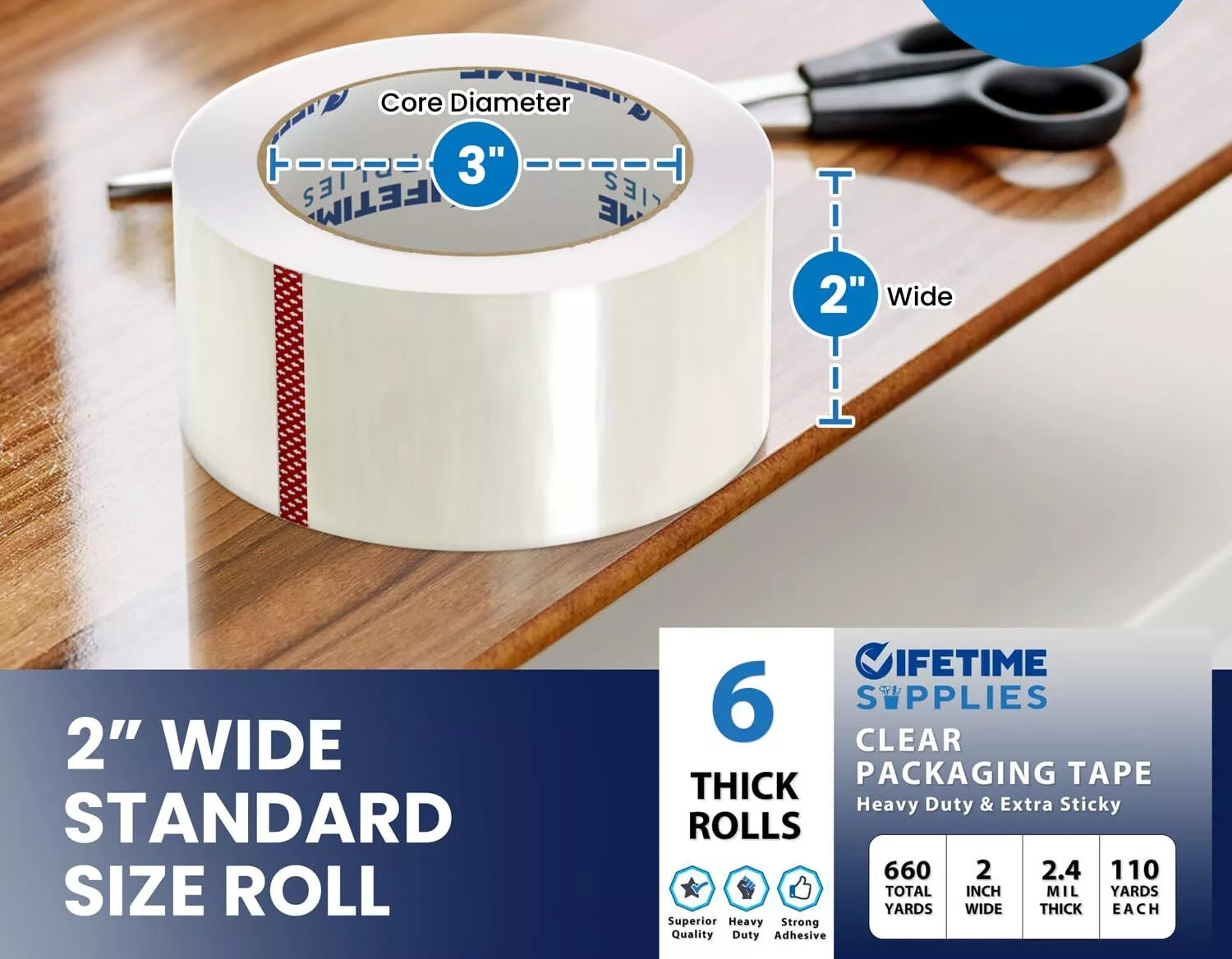 LifeTime Clear Packing Tape 6/12 Rolls – Heavy Duty, 2″x110yd, Extra Sticky