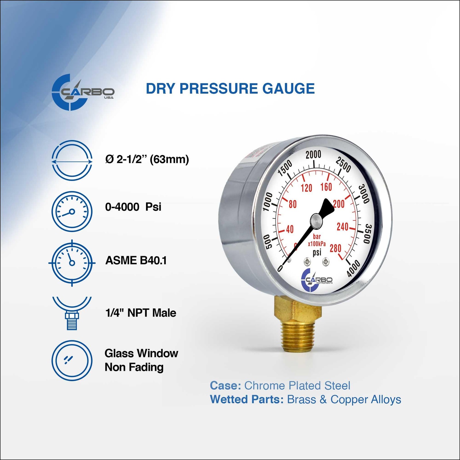 2-1/2″ Pressure Gauge, Chrome Steel, 0-4000 psi, Lower Mount 1/4″ NPT