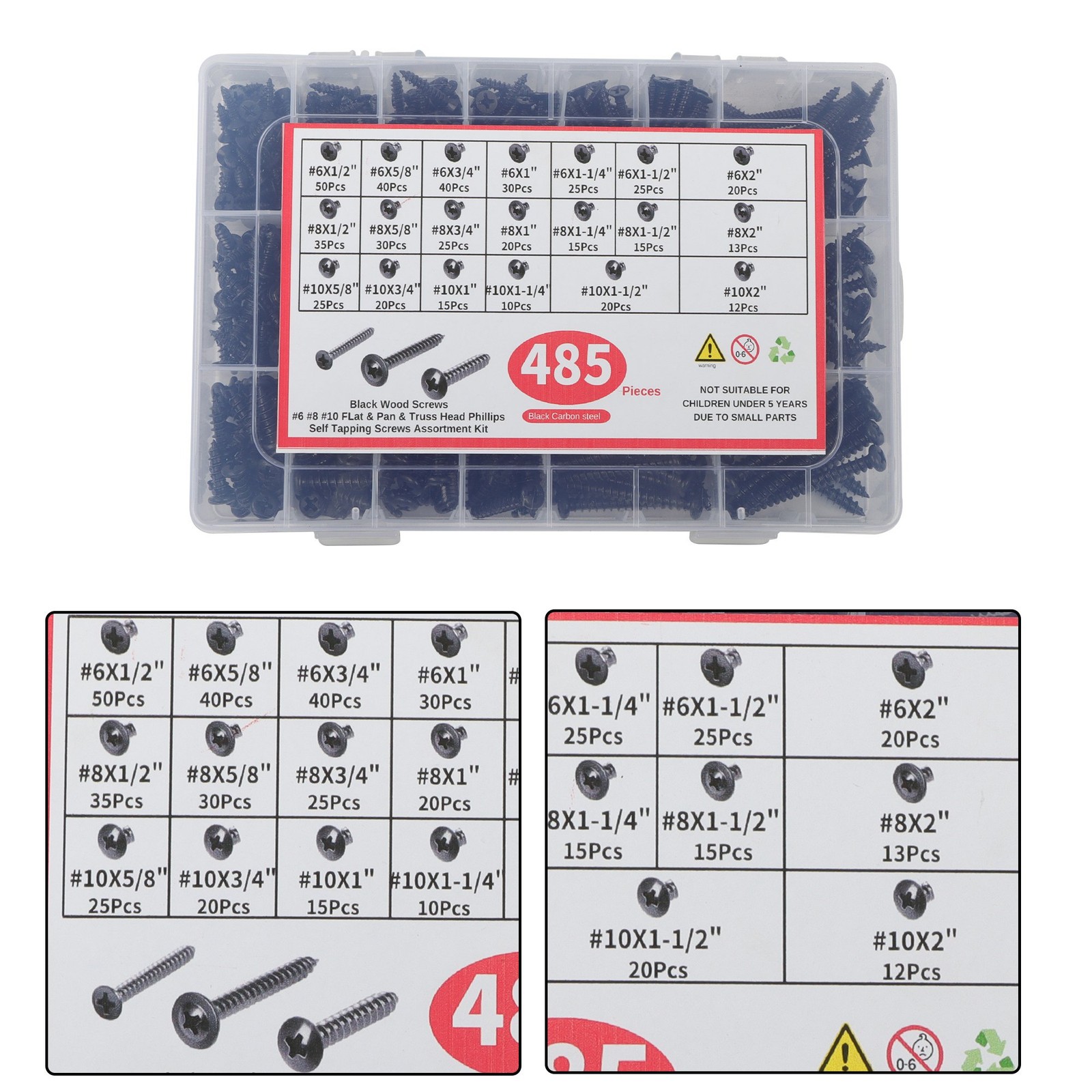 Round Head Truss Head Flat Head Screws Assortment – 485 Pcs #6 #8 #10