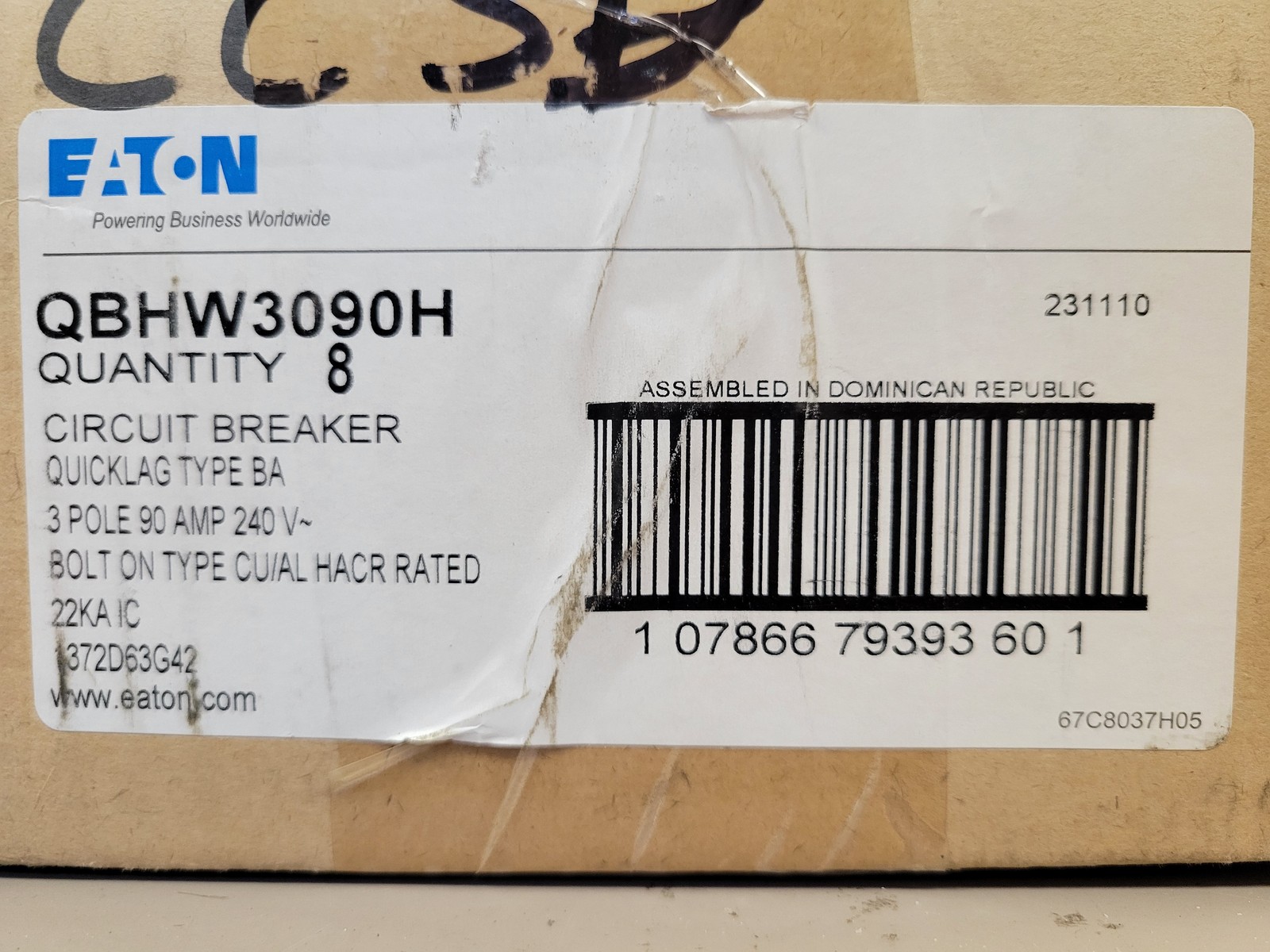 Eaton QBHW3090H Bolt-On Circuit Breaker 90A 240V 3P 3PH QBHW