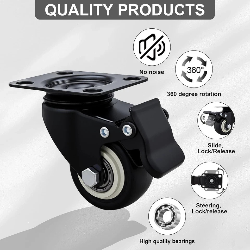 2 Inch Wheel Casters,Set of 4 Heavy Duty Casterswith BrakeNo Noise Locking Pol