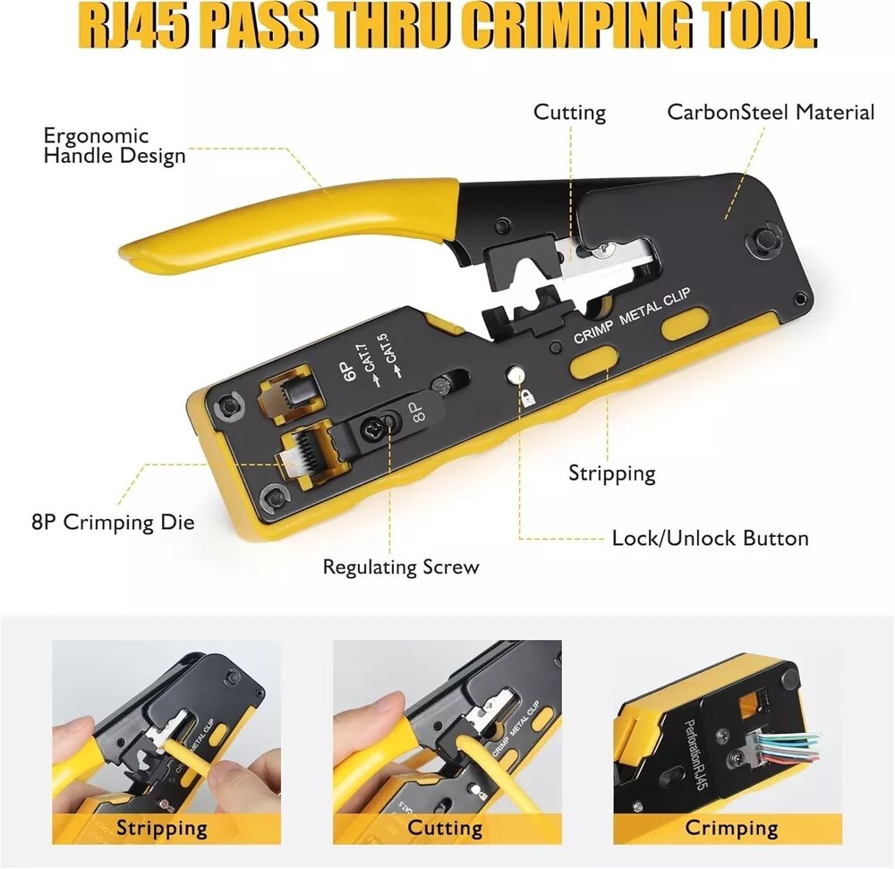 RJ45 Crimping Tool Kit Ethernet Pass Through Crimper Network Cat5 Cat6 Cat7