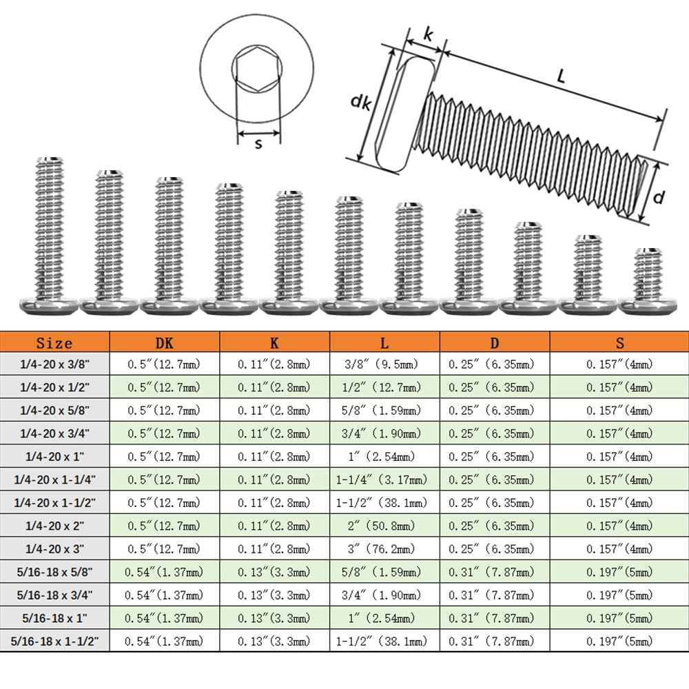 1/4-20×1/2 Flat Head Hex Socket Cap Screws Bolts,304 Stainless Steel Fully Threa