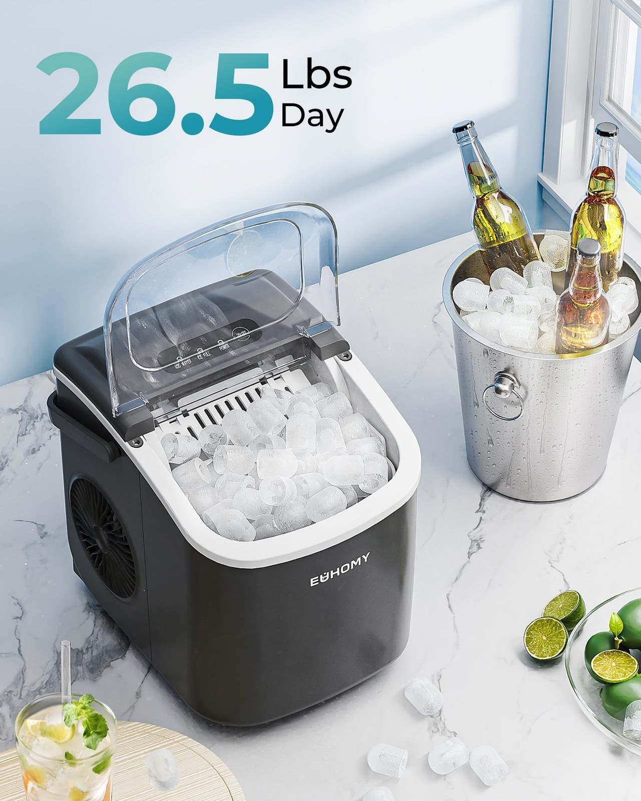 EUHOMY Countertop Ice Maker Machine with Handle, 26.5lbs Per Day, 9 Ice Cubes…