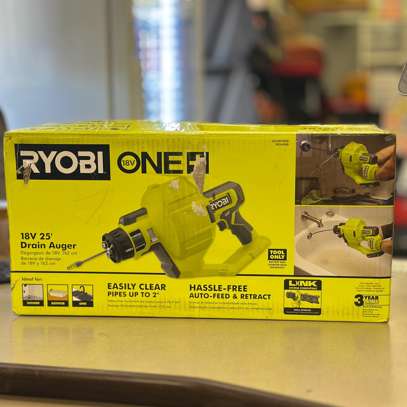 RYOBI ONE+ 18V Cordless Drain Auger 25 ft Cable