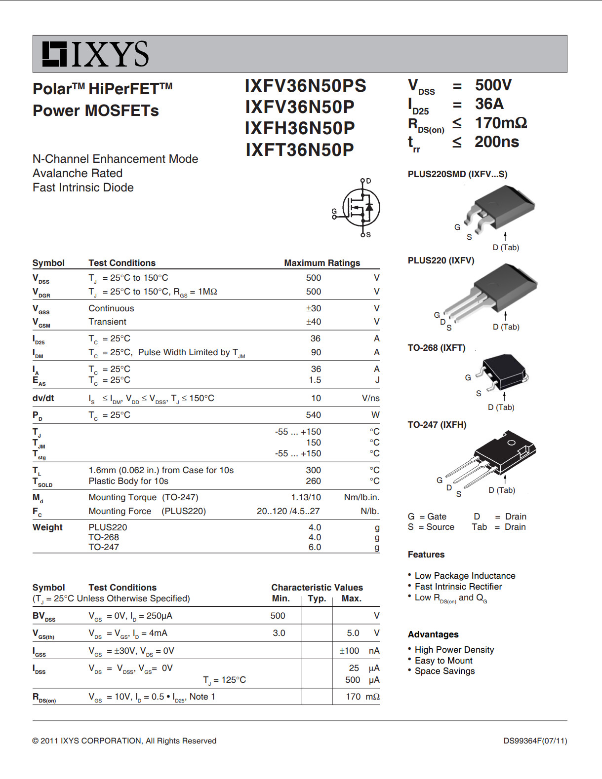 2PCS IXFH36N50P IXYS MOSFET N-CH 500V 36A 540W RDS(on) 170 mΩ trr ≤ 200n TO247AD