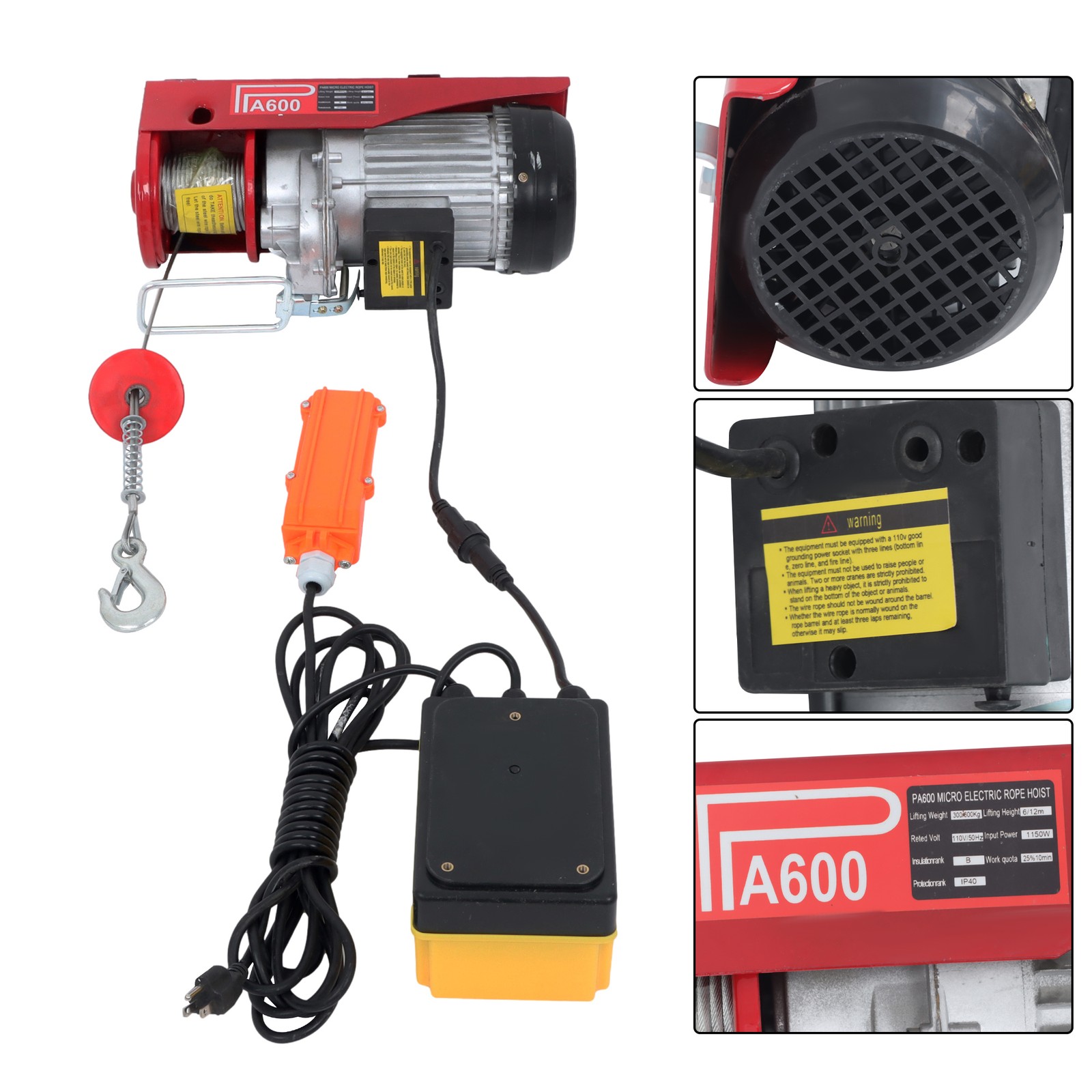 Mini Electric Hoist 1320lbs 328ft Wireless Remote Control+Wired Remote
