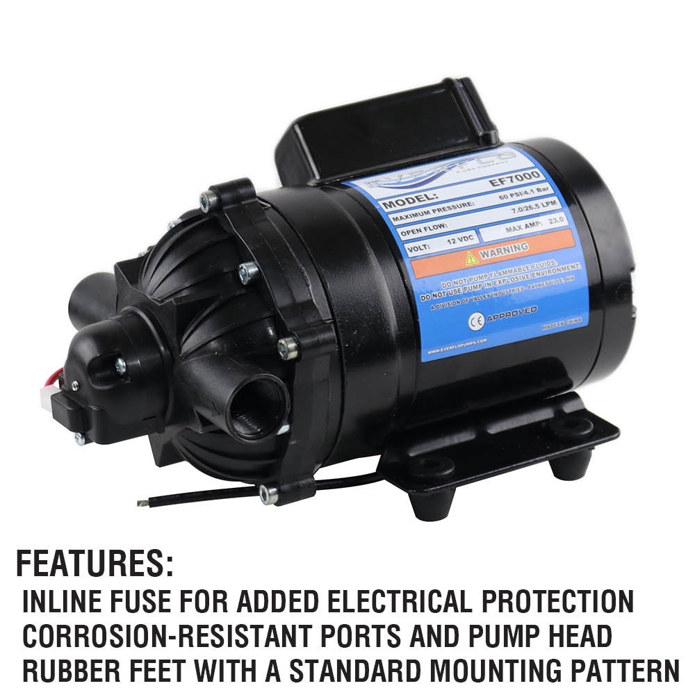 Everflo EF7000 12V Diaphragm Sprayer Pump – 7.0GPM, 60 PSI Max, 1/2″ FNPT Ports