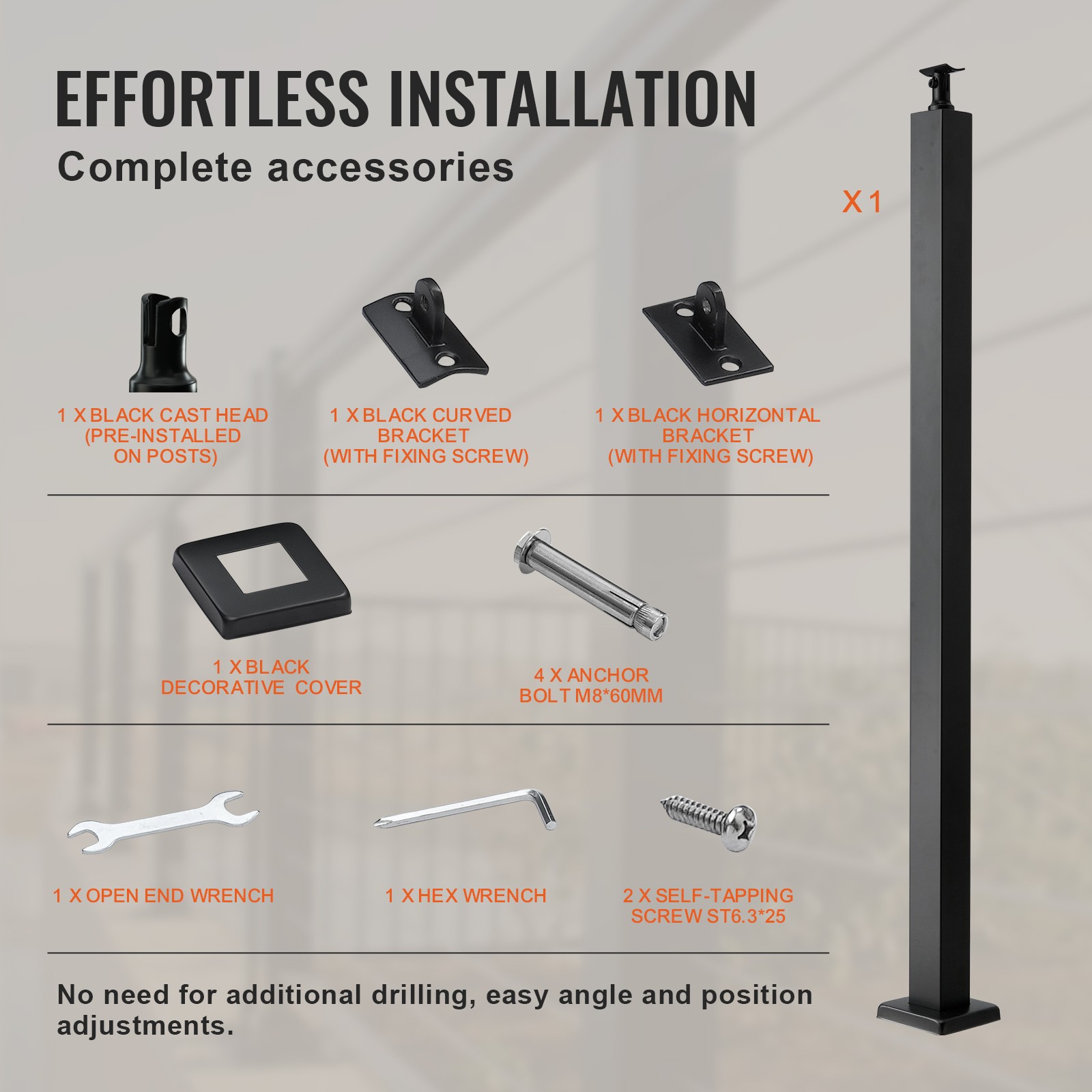 VEVOR Cable Railing Post Deck Railing 42x2x2″ DIY Post Without Holes Black
