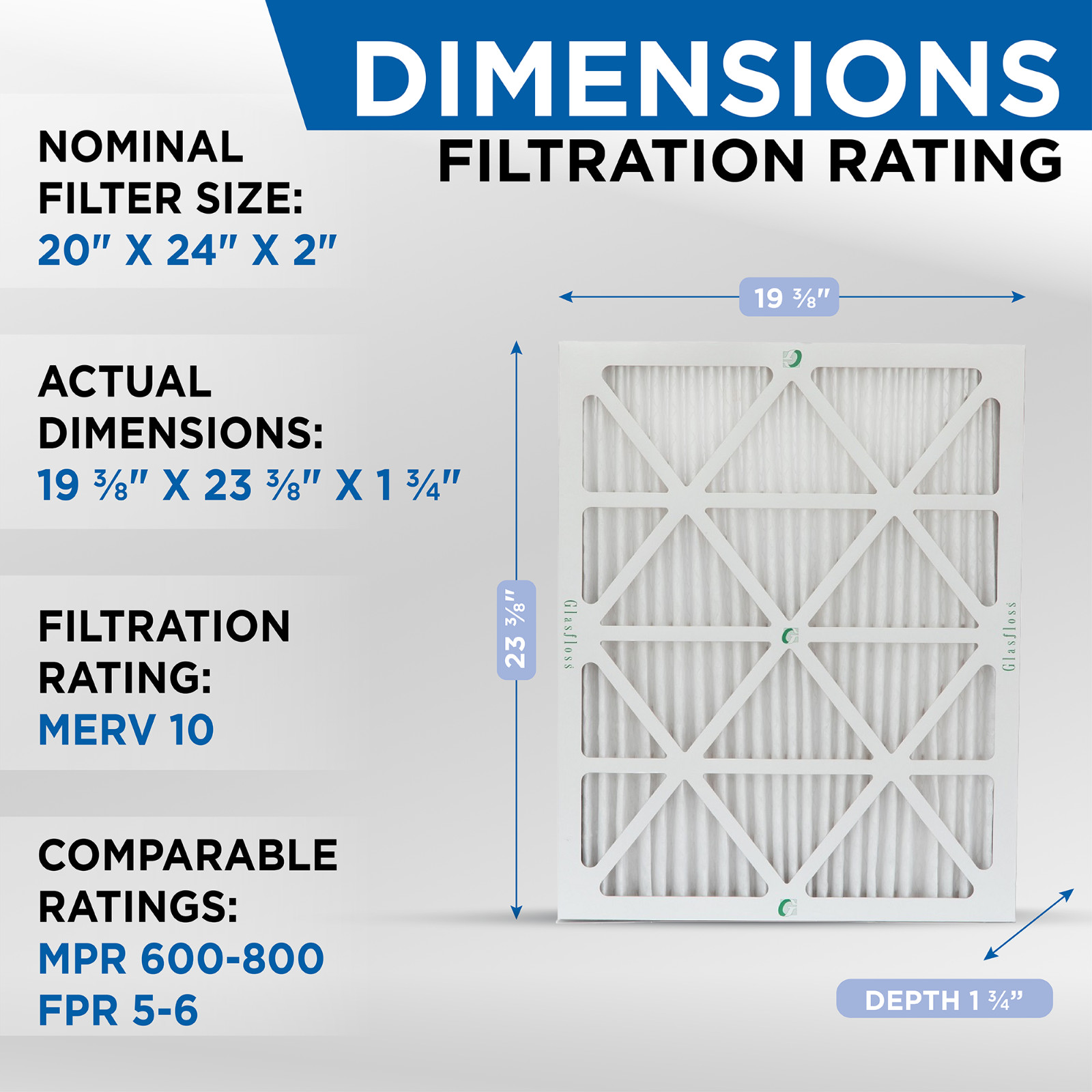20x24x2 MERV 10 AC Air Filters. 12 PACK. Actual Size: 19-3/8 x 23-3/8 x 1-3/4