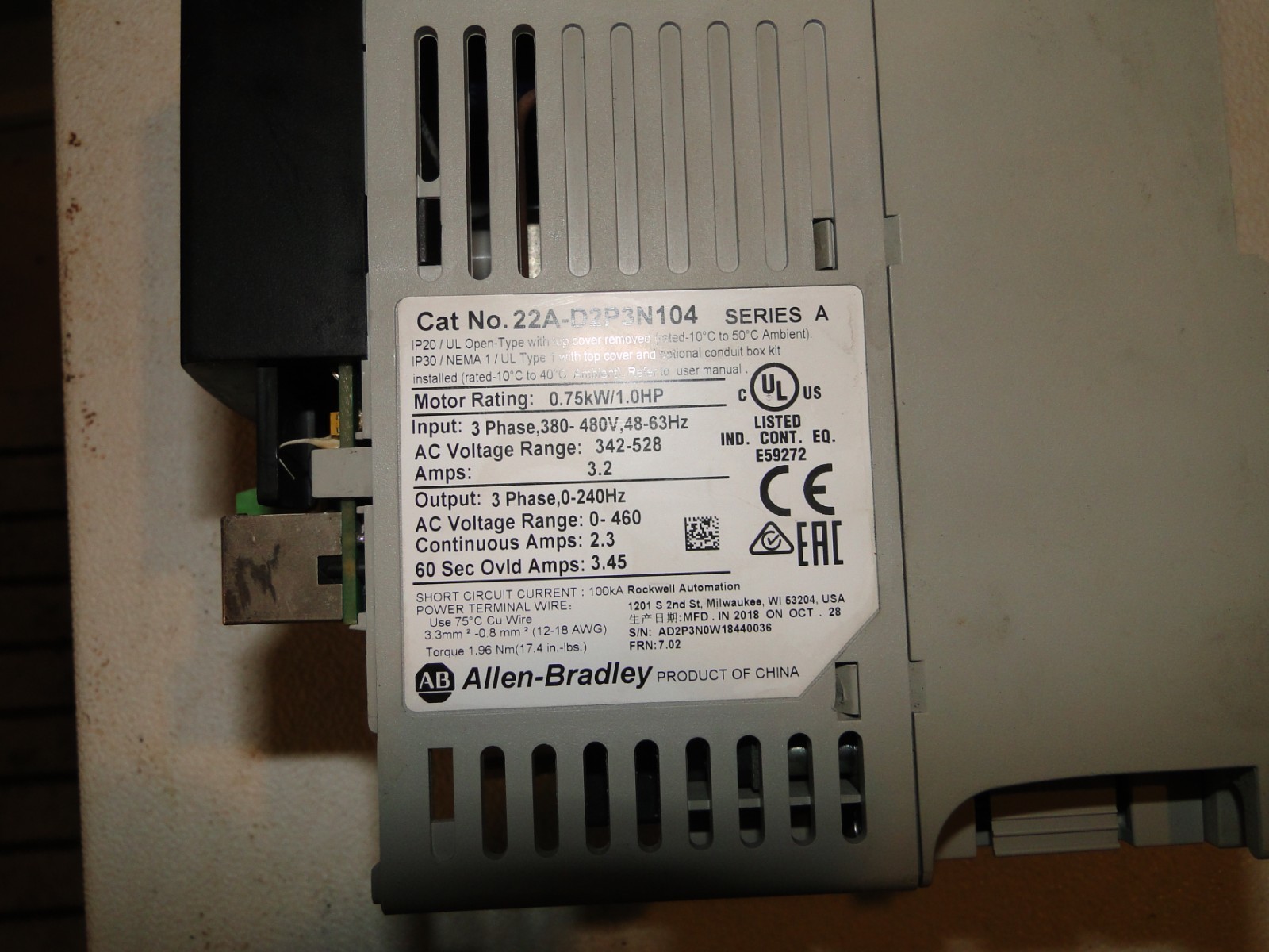 Allen Bradley Powerflex 4 22A-D2P3N104 SERIES A