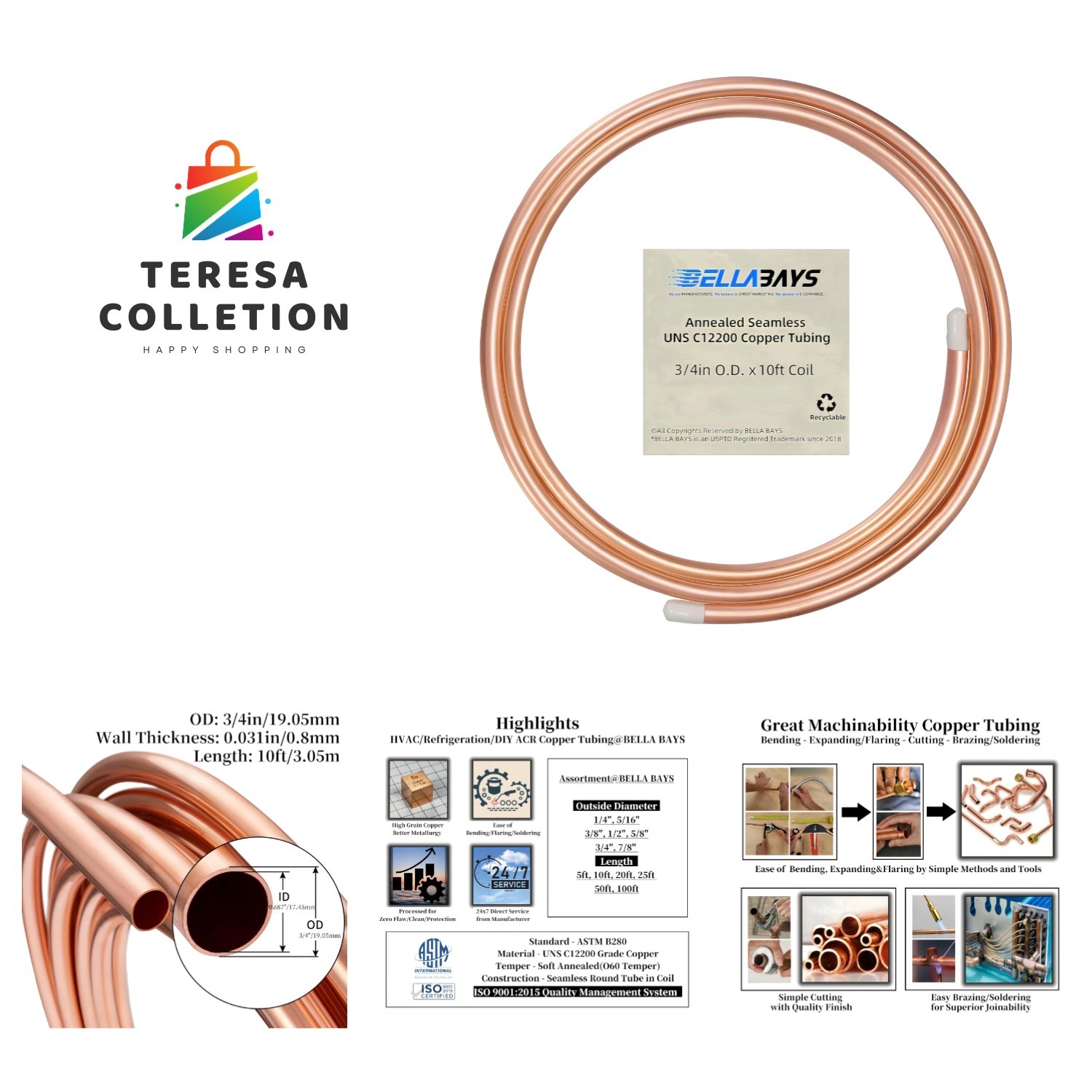 Copper Tubing 3/4″ OD x 0.687″ x 10 ft, 99.9% C12200 ASTM B280 Refrigeration …