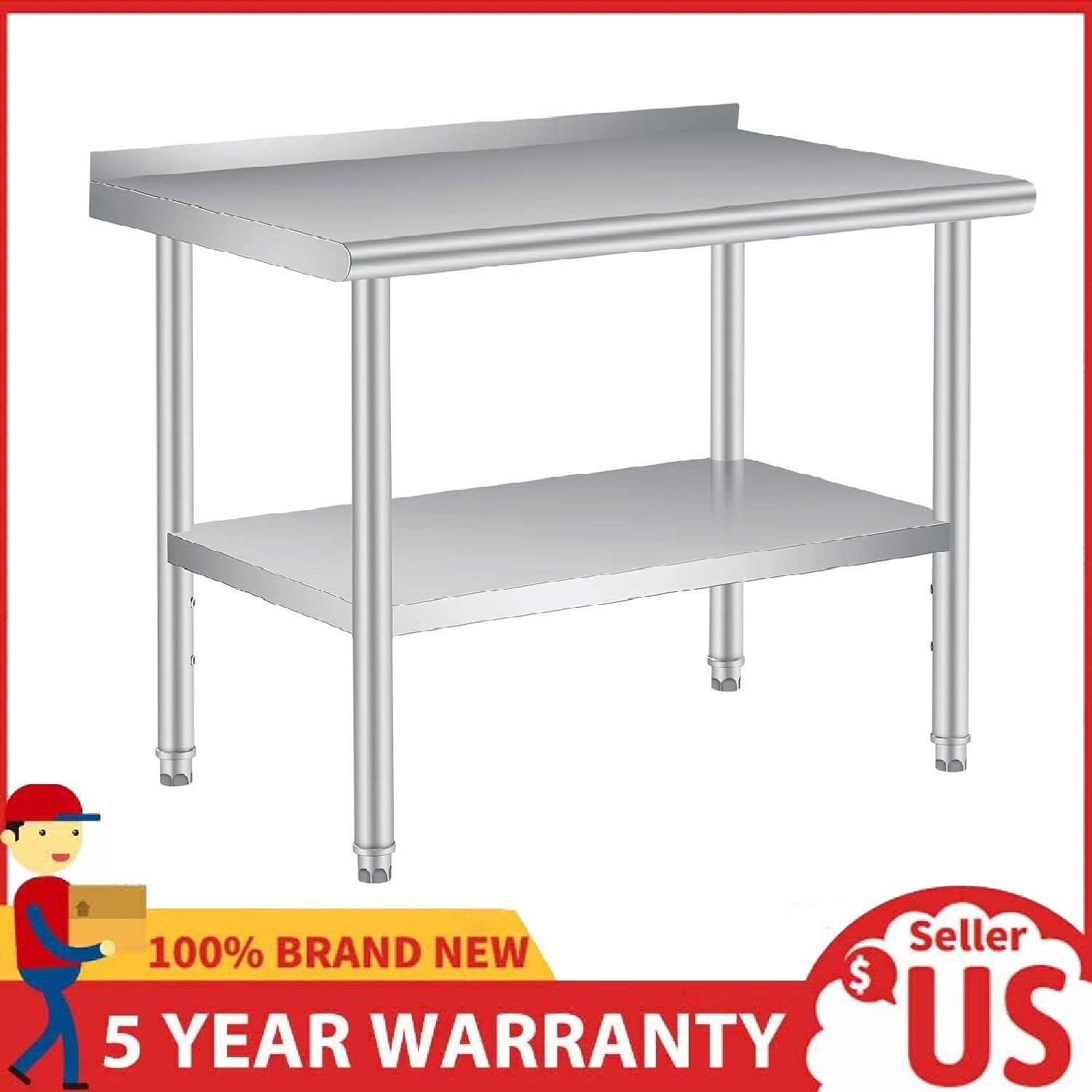 Stainless Steel Work Table w/Backsplash Heavy Duty Commercial Kitchen Prep Table