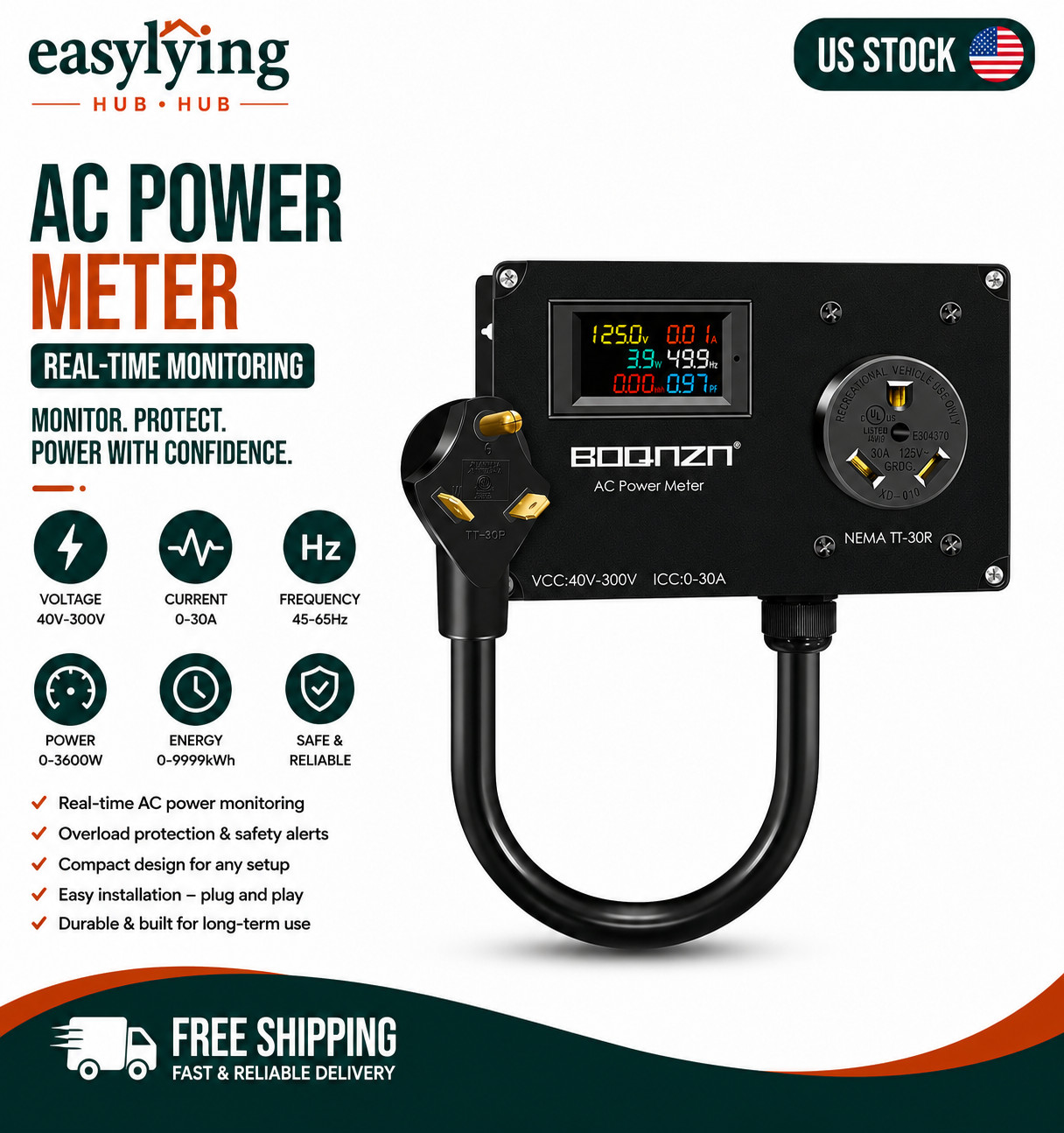 30A AC Power Meter, 125V TT-30P to TT-30R Outlet Monitor for Generator, LCD Disp