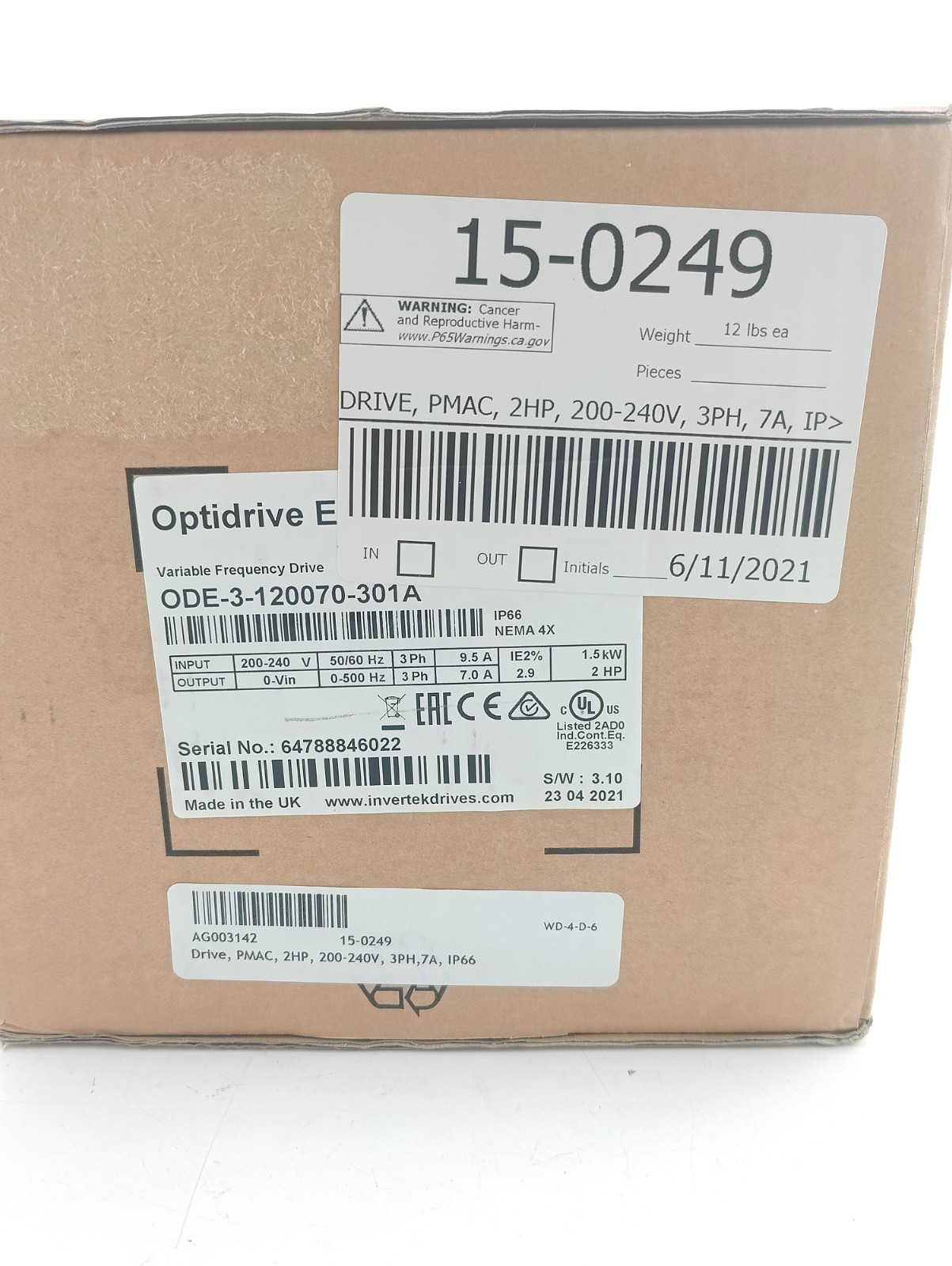NEW Invertek ODE-3-120070-301A Variable Frequency Drive, 2HP, 200-240V, 3PH