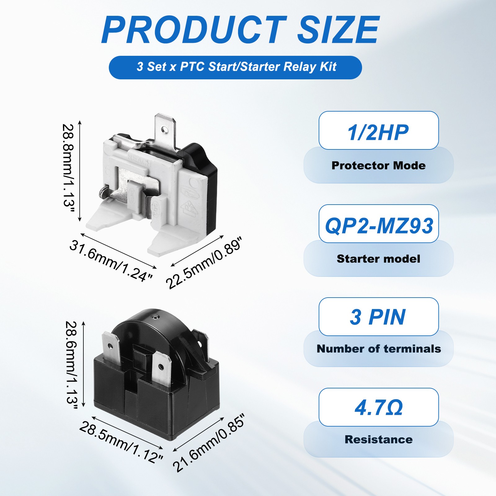 3 Sets PTC Refrigerator Starter Relay 4.7 Ohm 3 Pin and 1/2HP Overload Protector