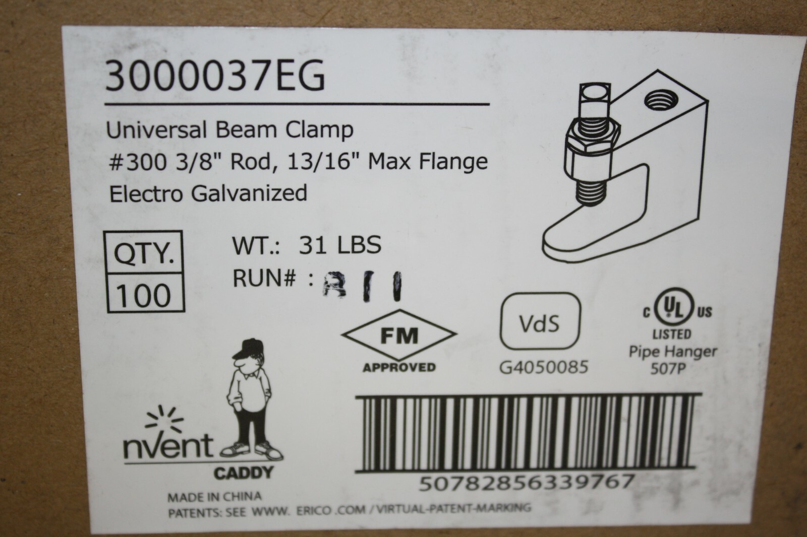 Box of 100 Erico Caddy #300 EZ-Riser Beam Clamp 3/8″ Electro Galvanized 3000037E