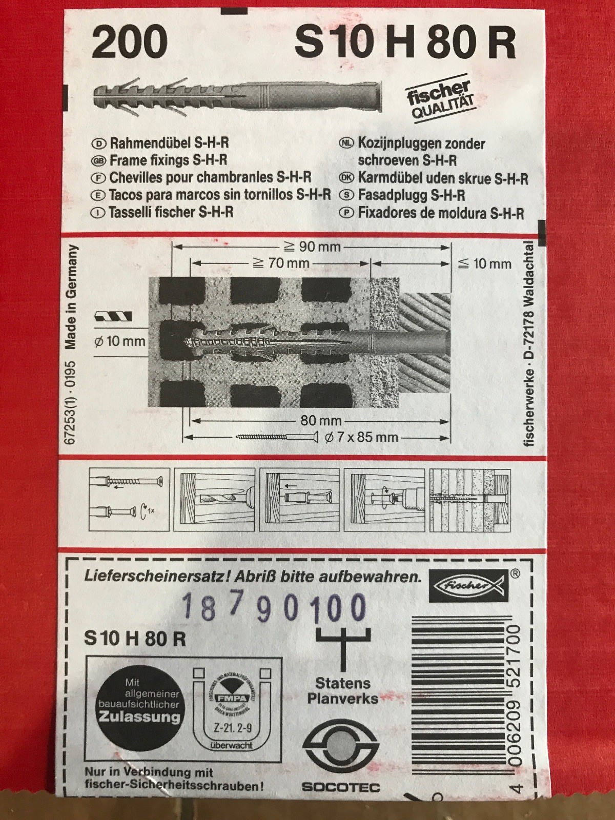 Fischer S10h80r Plastic Anchors
