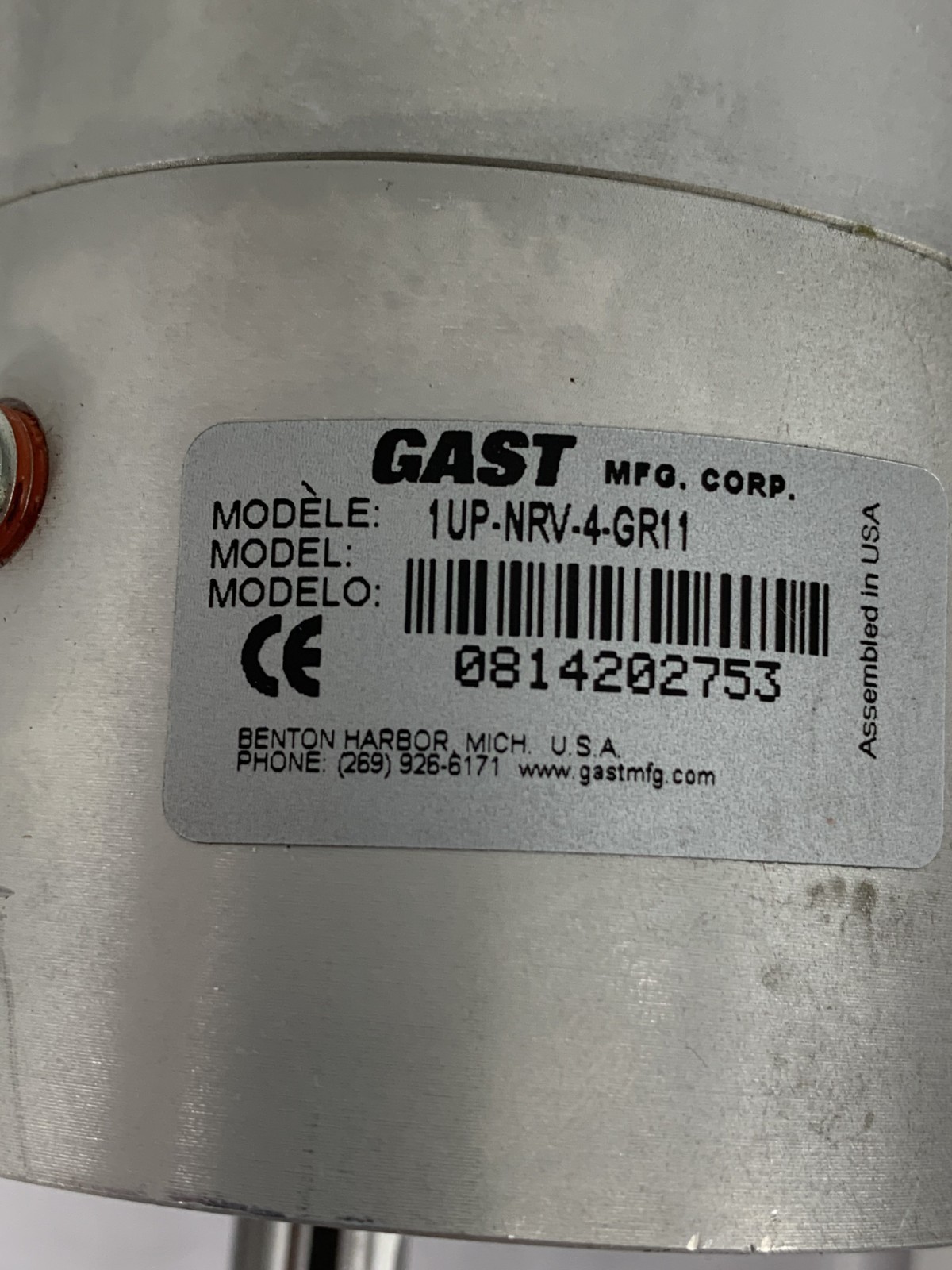 Gast 1UP-NRV-4-GR11 Air Gear Motor 15:1 .31 HP 21 CFM 400RPM 95 in-lb 5.6 Bar