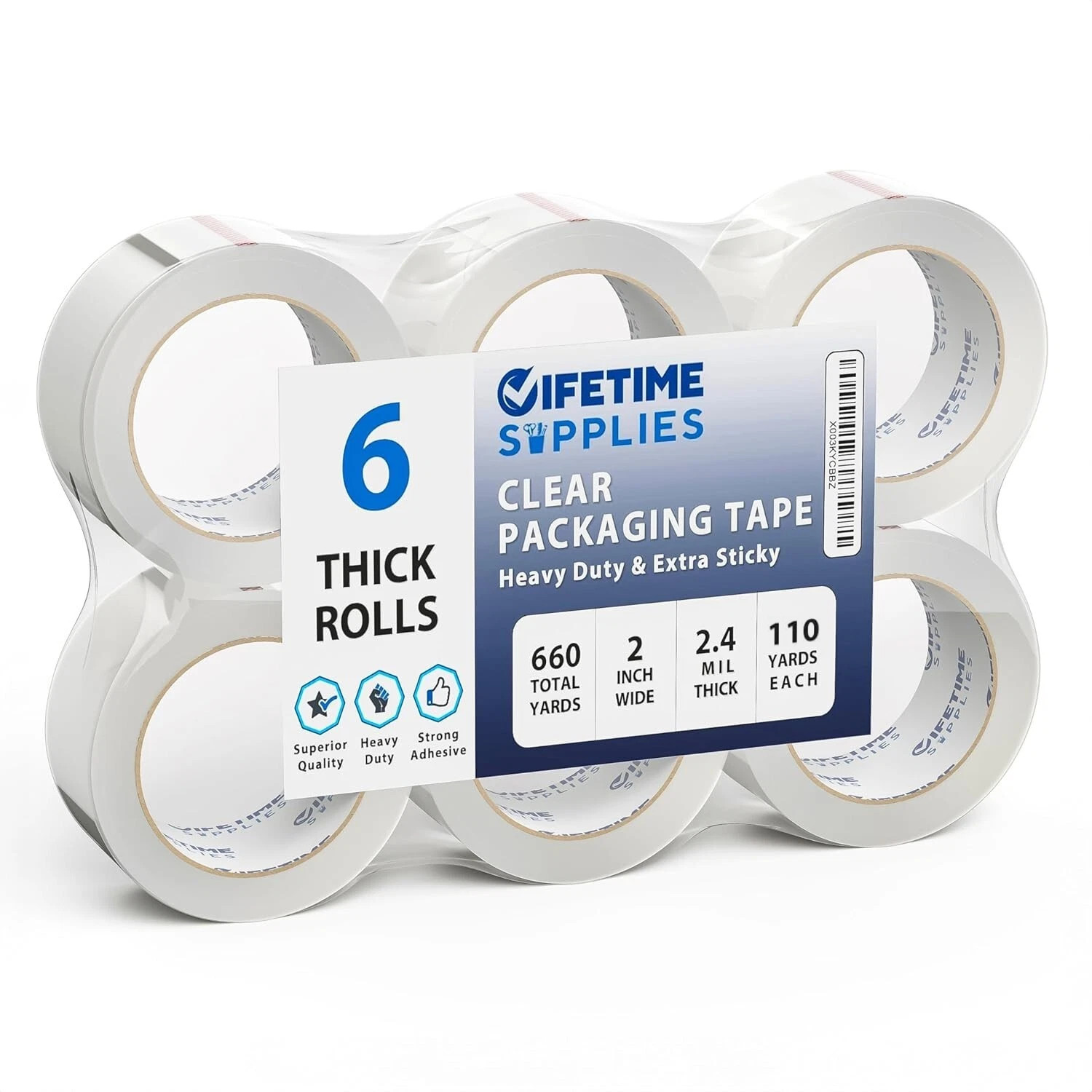 LifeTime Clear Packing Tape 6/12 Rolls – Heavy Duty, 2″x110yd, Extra Sticky