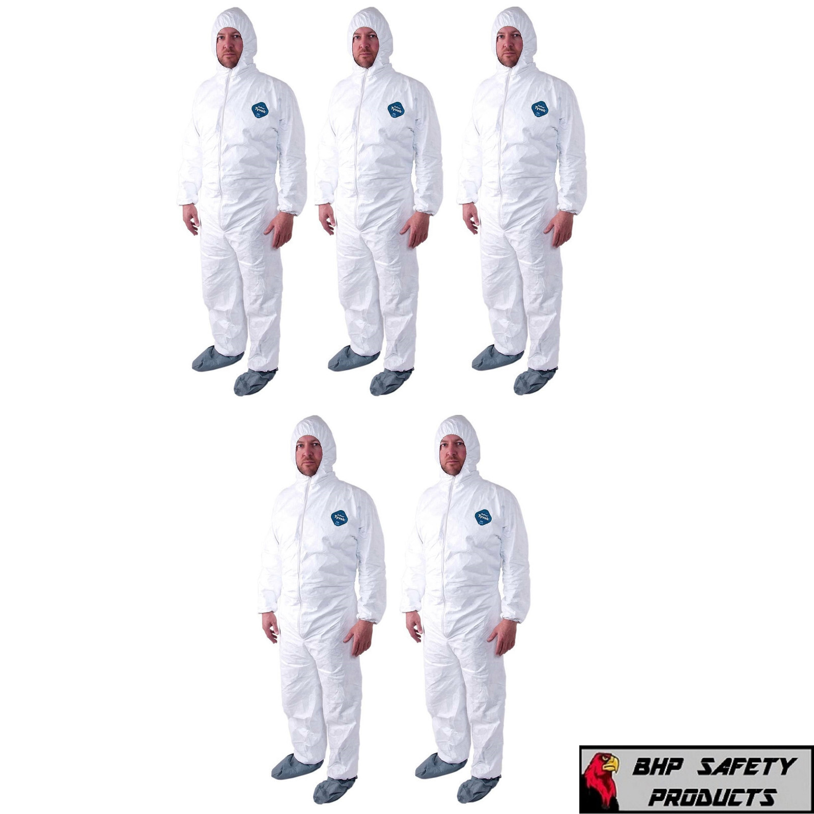 DUPONT TY122S WHITE TYVEK COVERALL BUNNY SUIT ATTACHED HOOD & BOOTS (PACK OF 5)