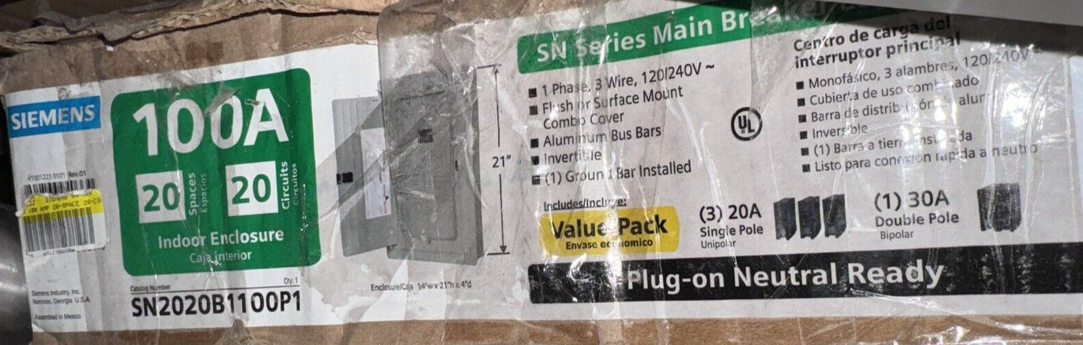 SN Series 100 Amp 20-Space 20-Circuit Main Breaker Plug-On Neutral Load Center