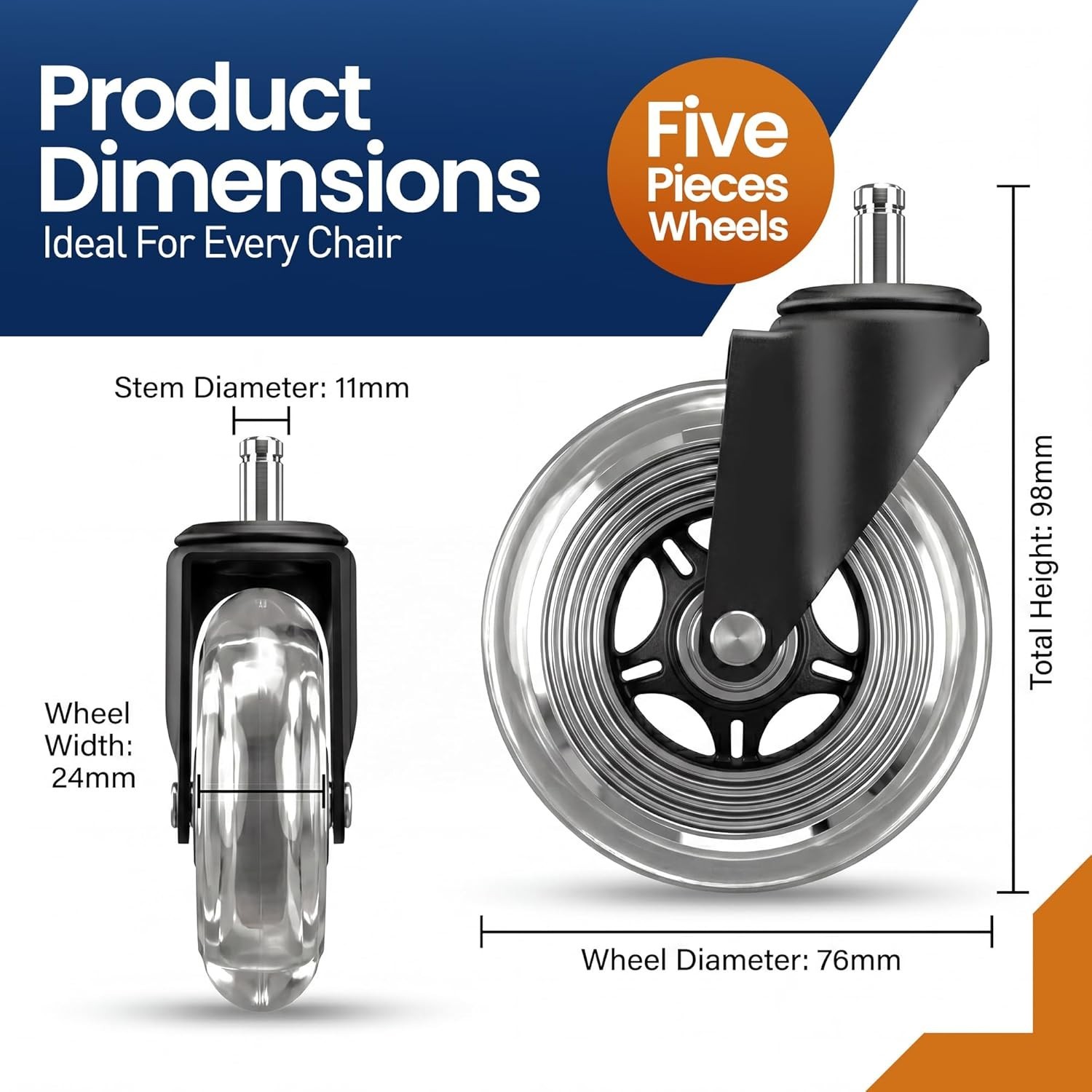 Office Chair Wheels Set of 5 –3 Inch Roller Blade Wheels Office Chairs Office…
