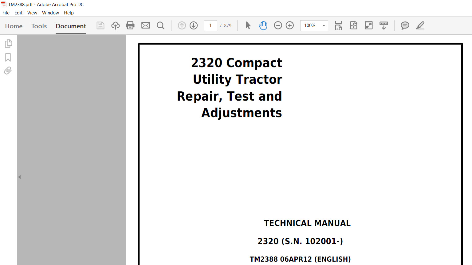 John Deere 2320 Compact Utility Tractor Repair Test Adjustments Technical Manual