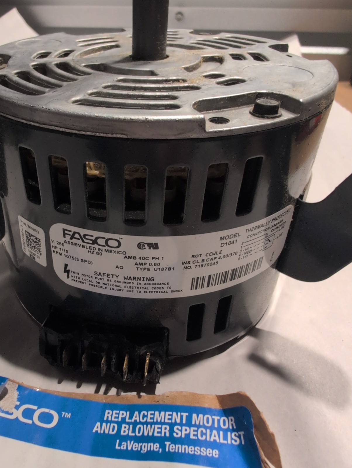 FASCO D1041 Motor 1/15 HP 1075 rpm 3 Speed 7.15×0.5 Shaft **READ**