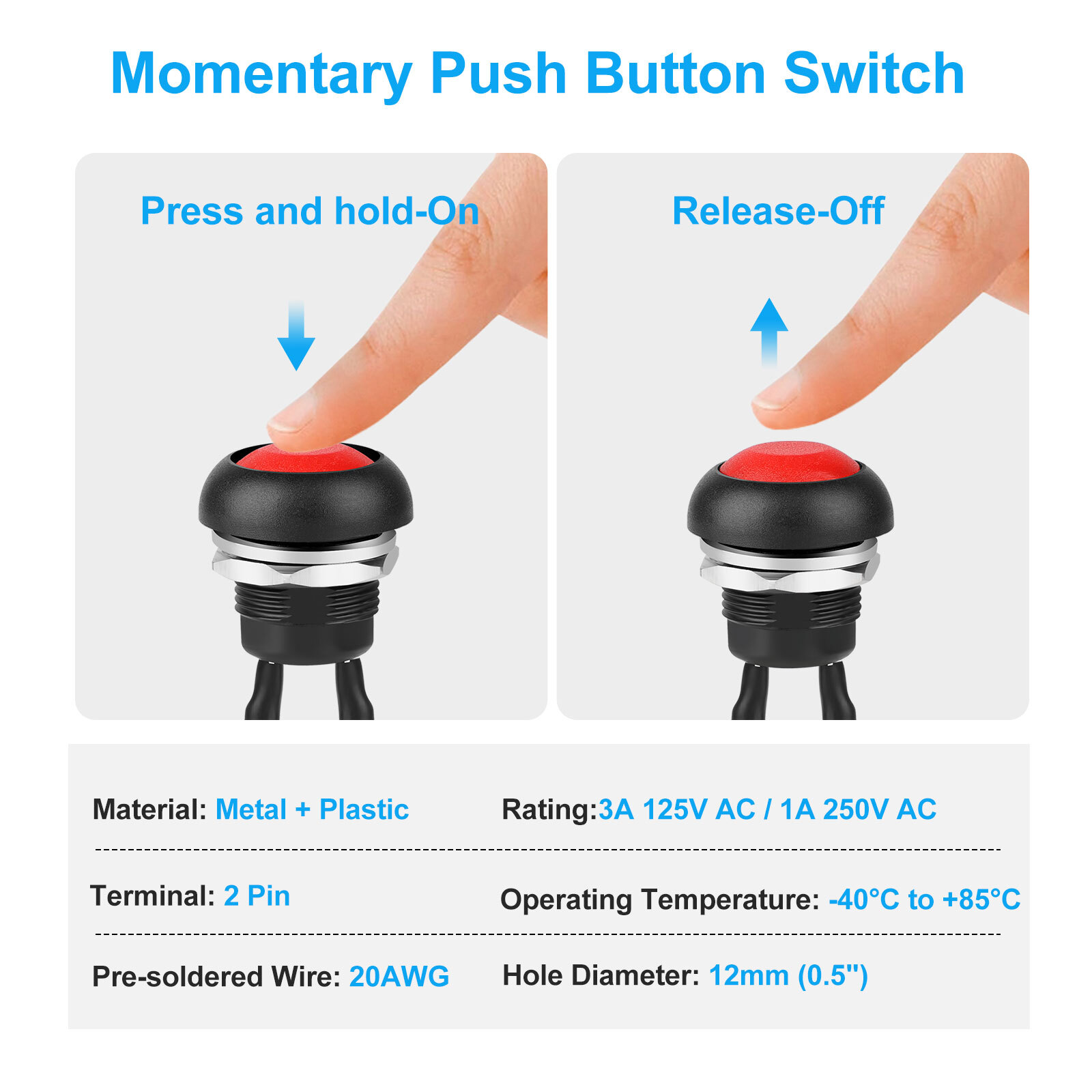 10pcs SPST 12mm Momentary Push Button Switch Waterproof 2 Pin 250V w/ Pre-Wired