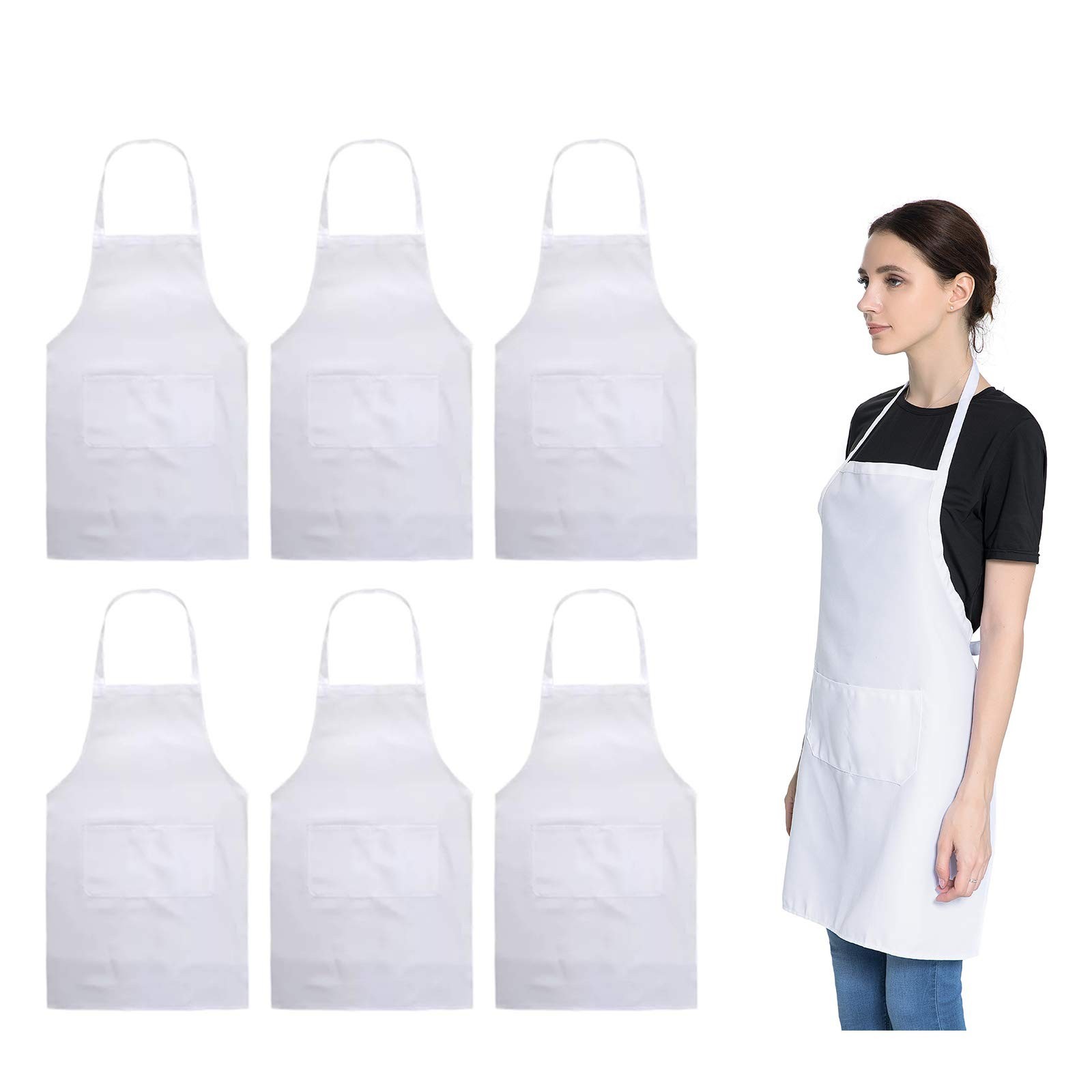 Total 6PCS White Apron for Women Adult Unisex Plain Color Bib aprons with 2 F…