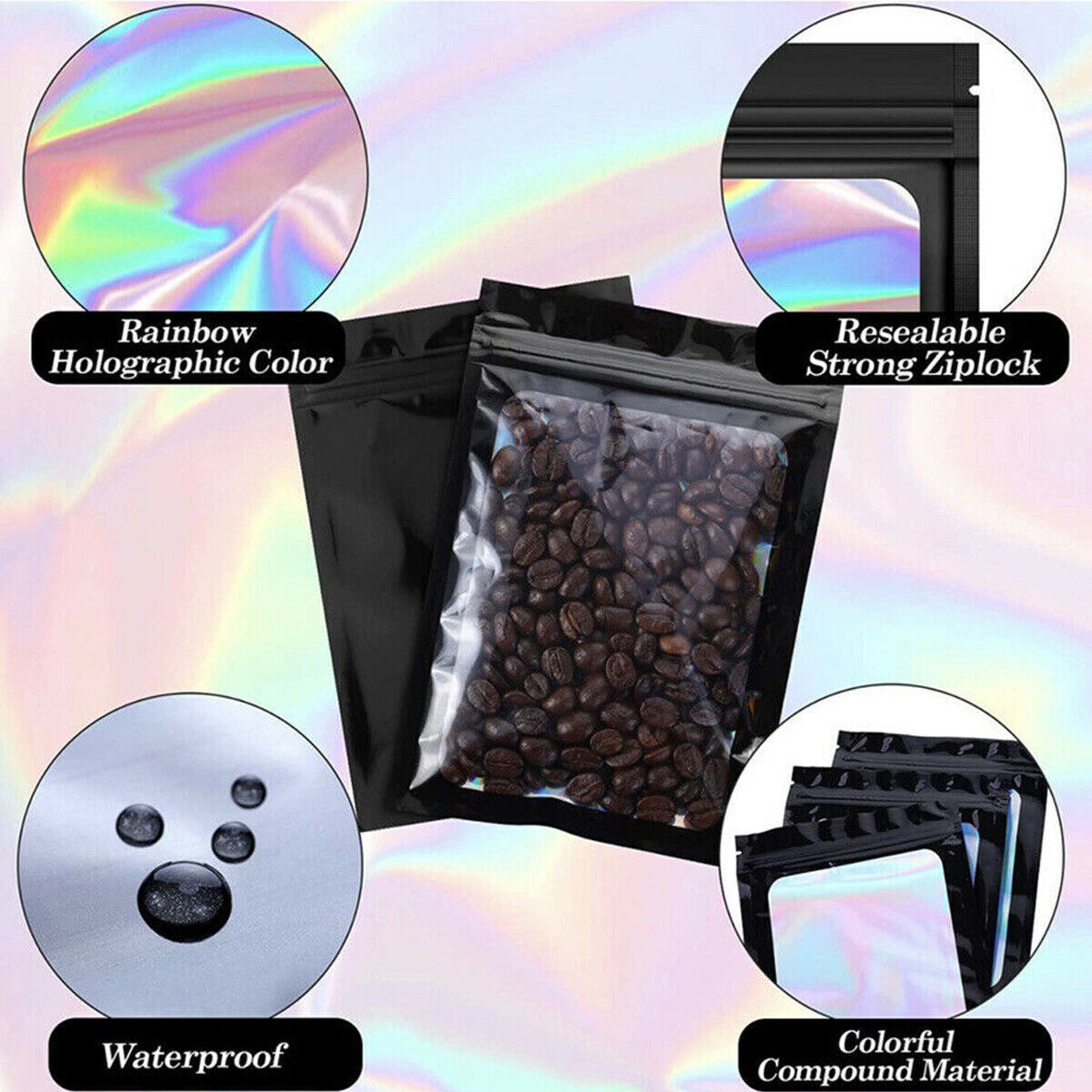 Holographic Mylar Bags Smell Proof Food Storage Zip Seal Foil Pouch Candy Bag