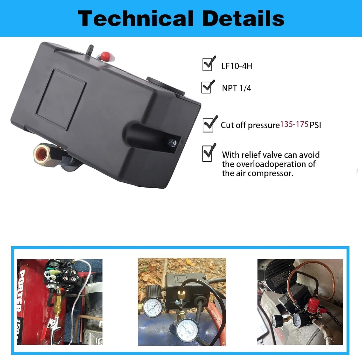 Heavy Duty Pressure Switch for Air Compressor 135-175 Psi Four 4 Port 26 Amp