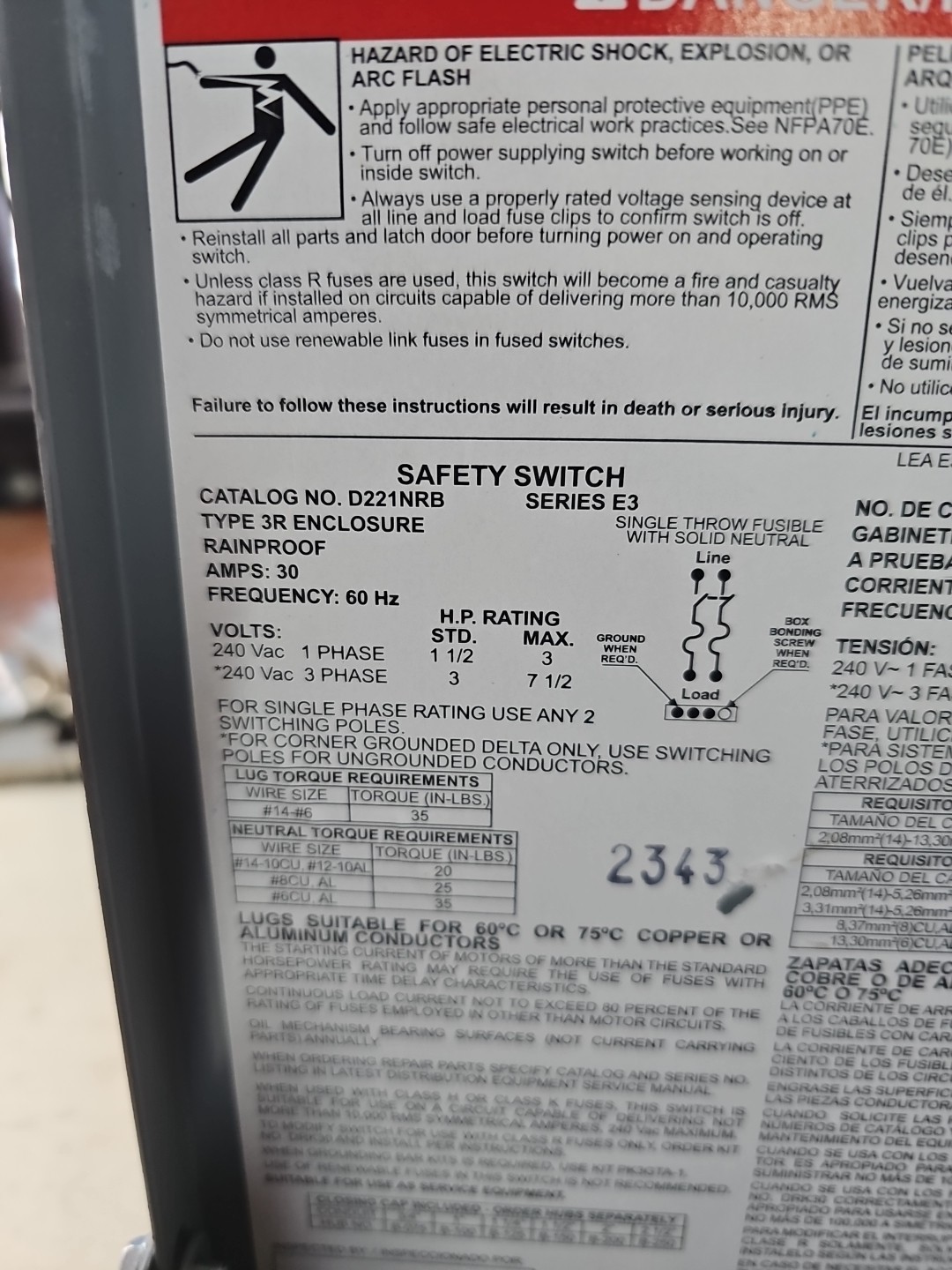 Square D D221NRB General Duty Safety Switch 240VAC 30A