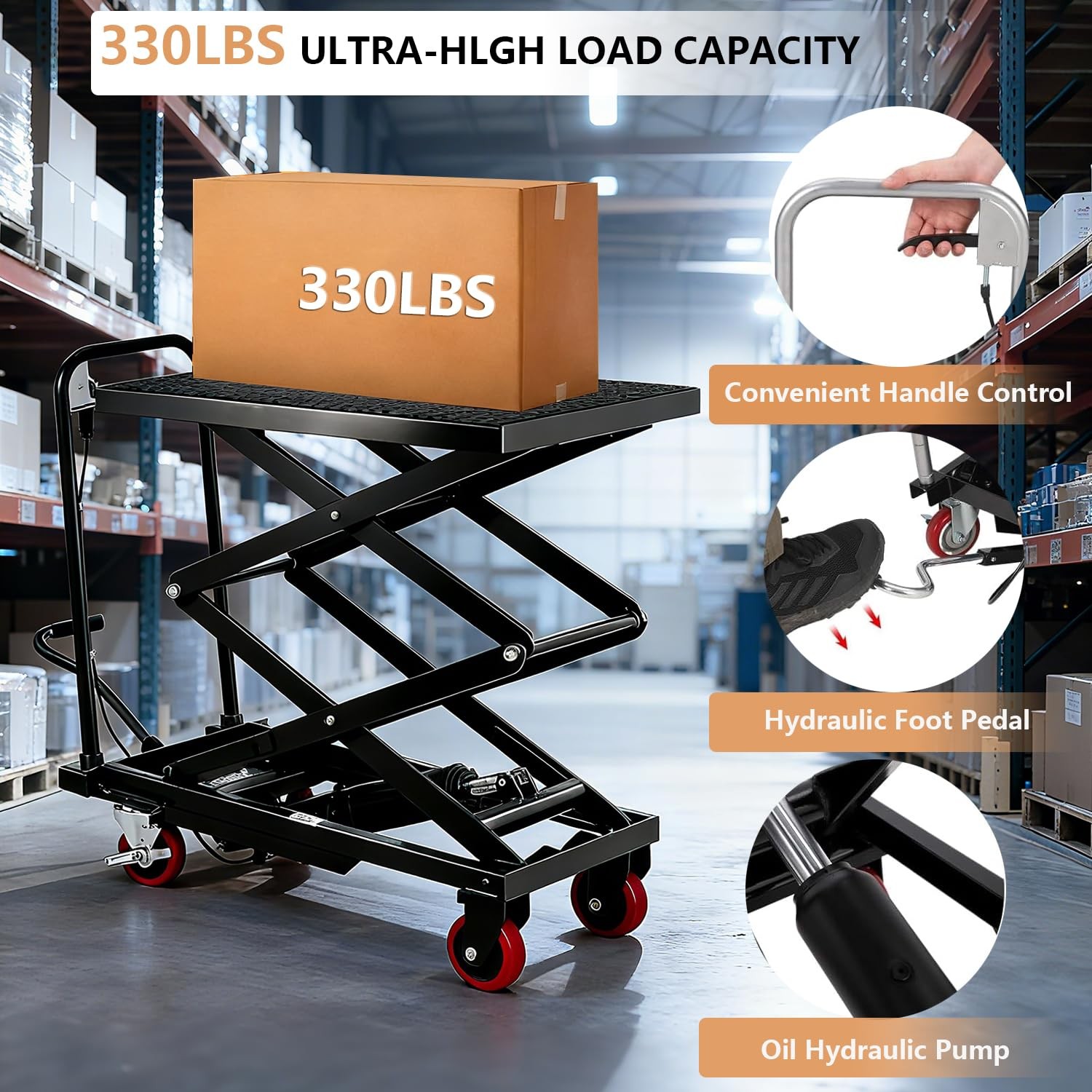 50″ Hydraulic Lift Table Cart 330lbs Wheels Manual Double Scissor Lift Table