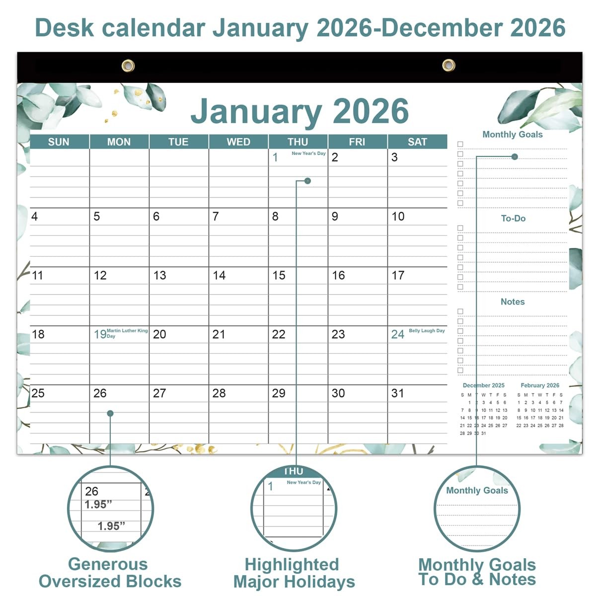 2026 Desk Calendar – 12 Months Calendars from January 17″ x 12″, Green Leaf
