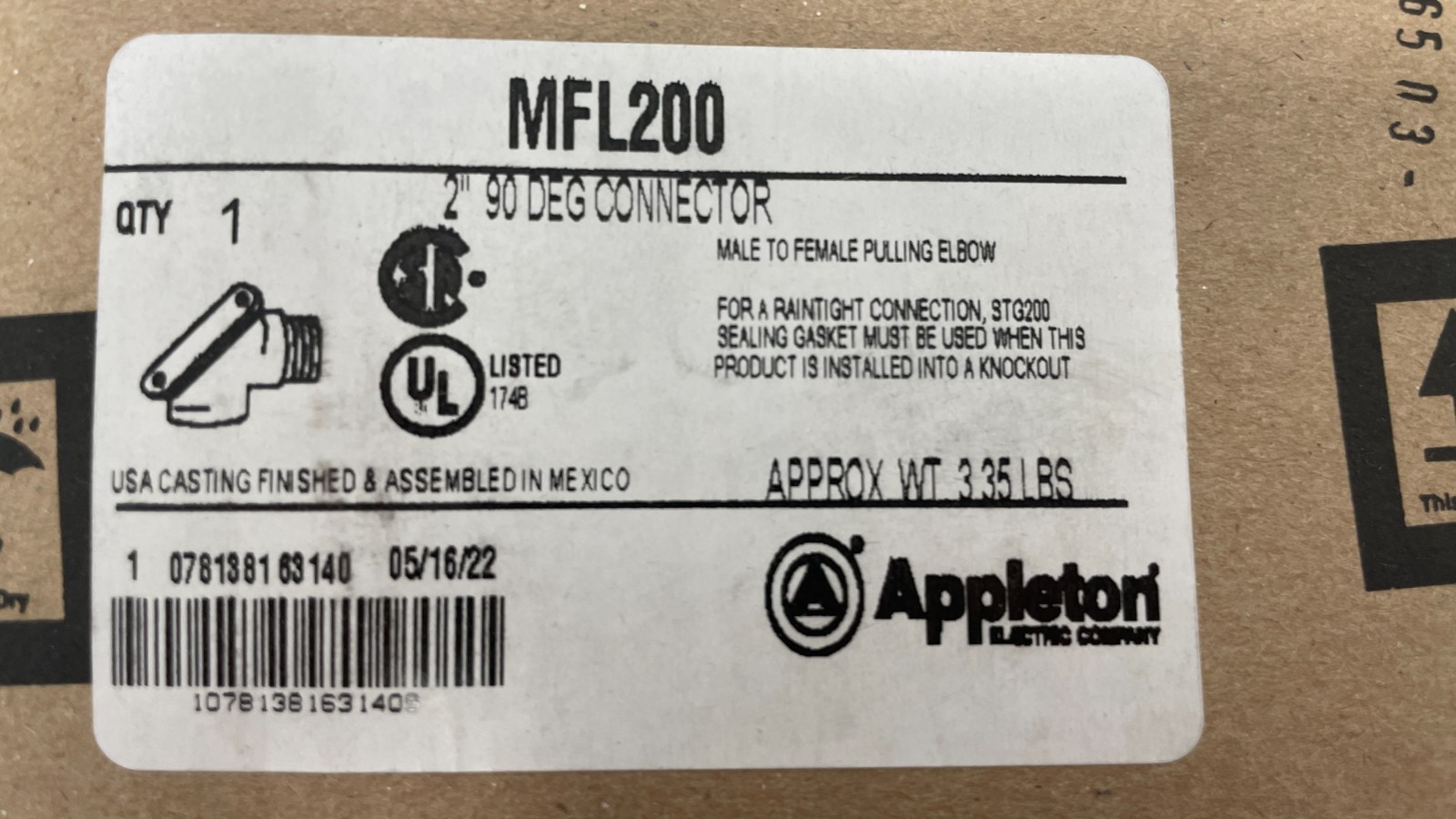 APPLETON ELECTRIC MFL200 Gasketed Watertight Pulling Elbow (90° Male-to-Female)