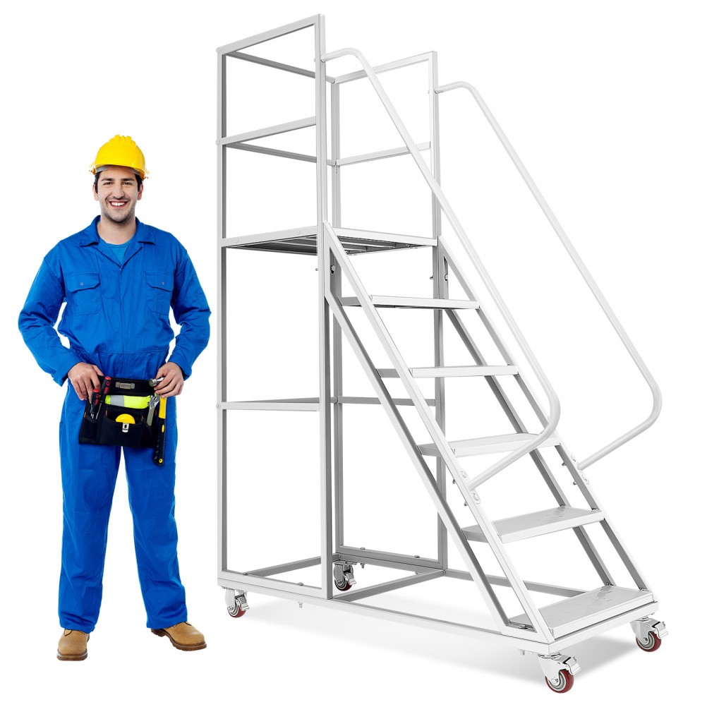 6 Step Rolling Warehouse Step Ladder, Movable Platform Ladder with Locking Wheel