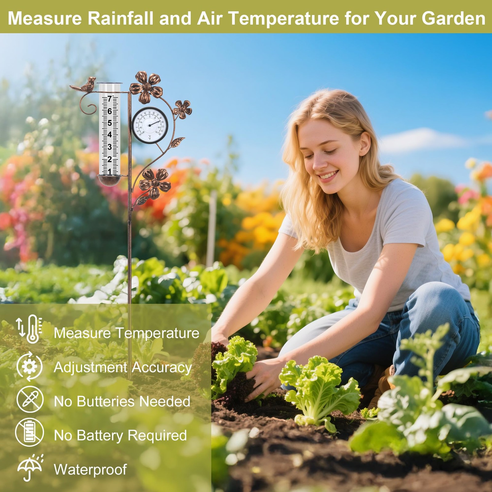 Rain Gauge Outdoor with Thermometer Garden Decor, Bird Decorative Outdoor Rai…